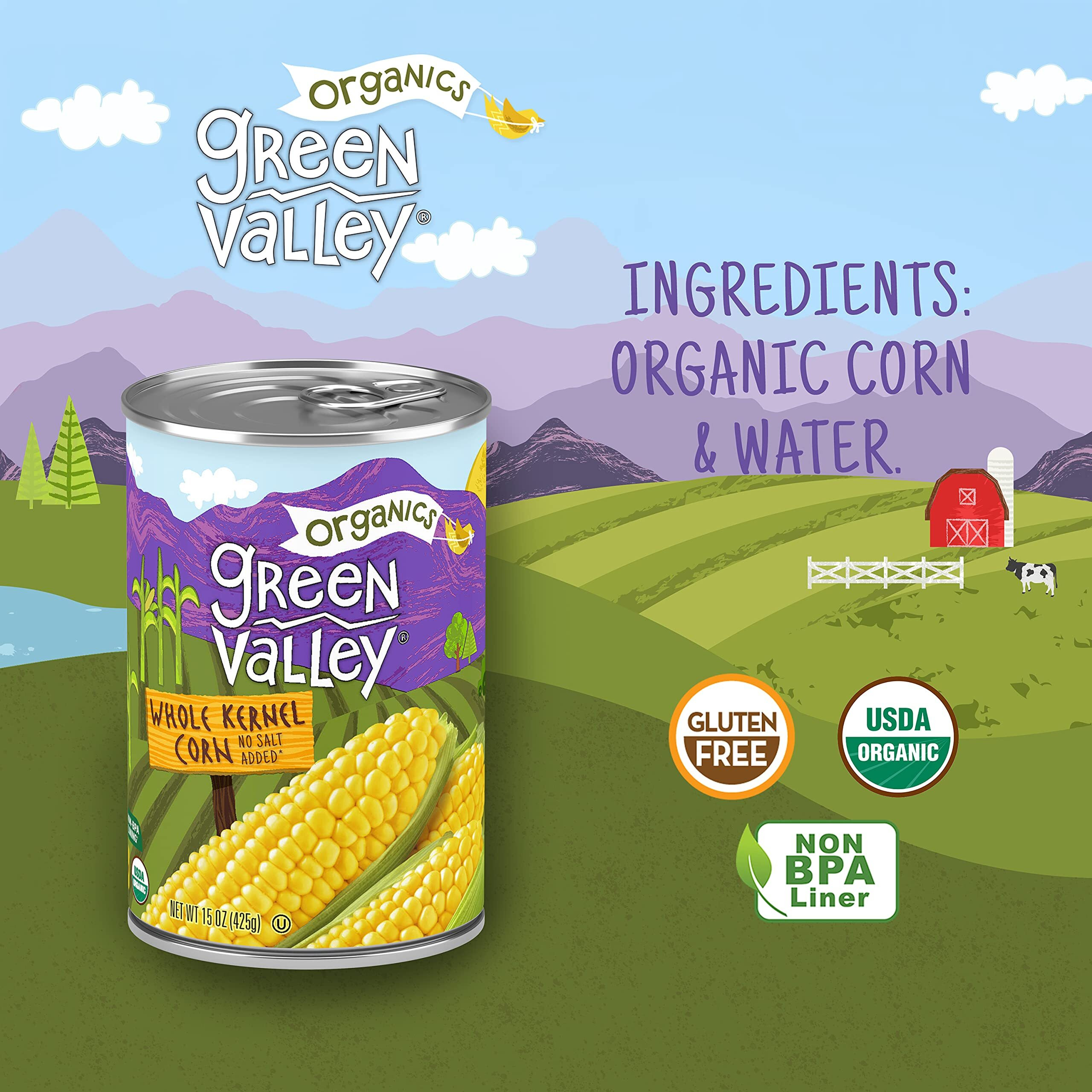 Green Valley Organics Whole Kernel Corn | Certified Organic | 100% Supersweet Variety Corn | 15 Oz Can (Pack Of 4)
