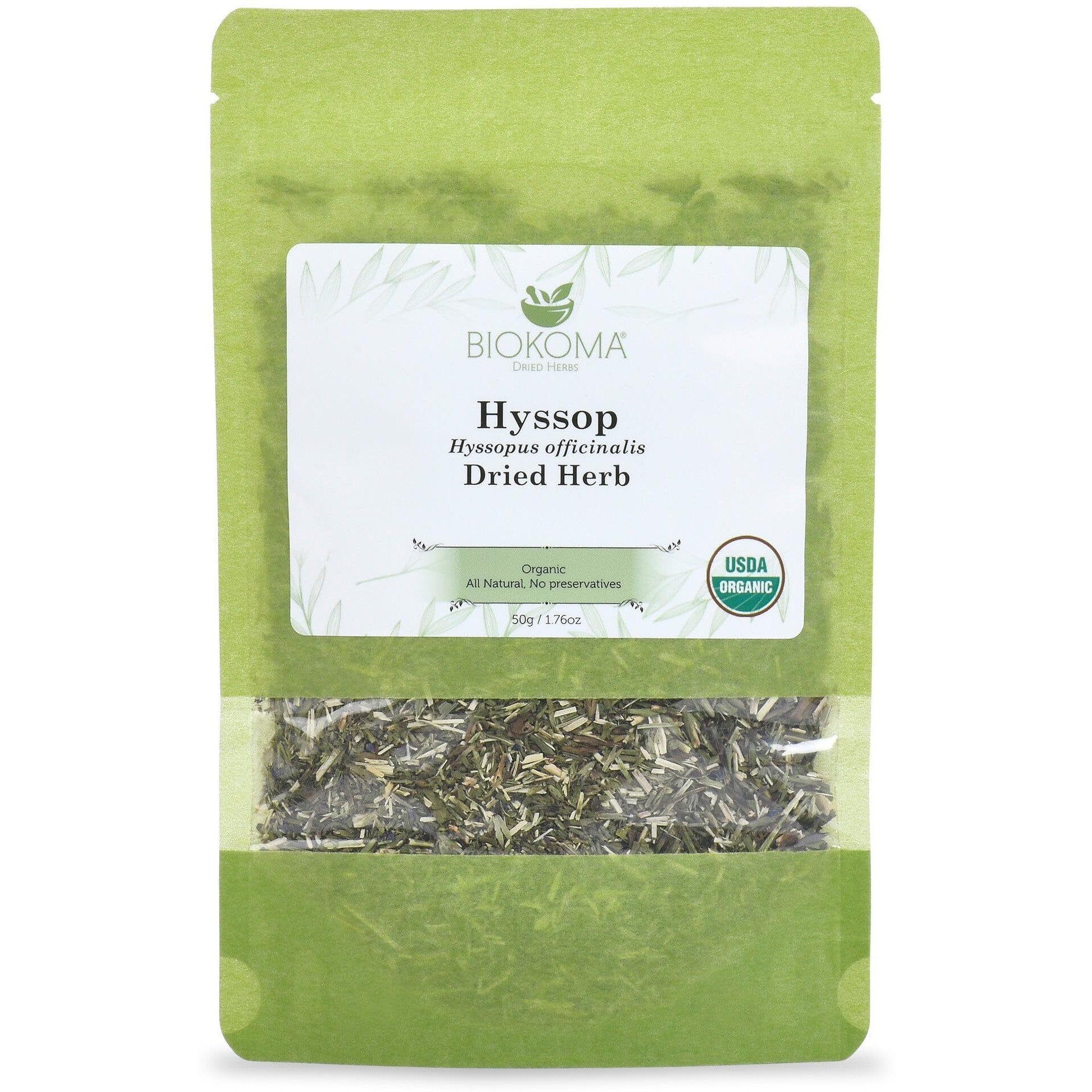 Biokoma Pure And Organic Hyssop Dried Herb 50G (1.76Oz) In Resealable Moisture Proof Pouch, Usda Certified Organic - Herbal Tea, No Additives, No Preservatives, No Gmo, Kosher