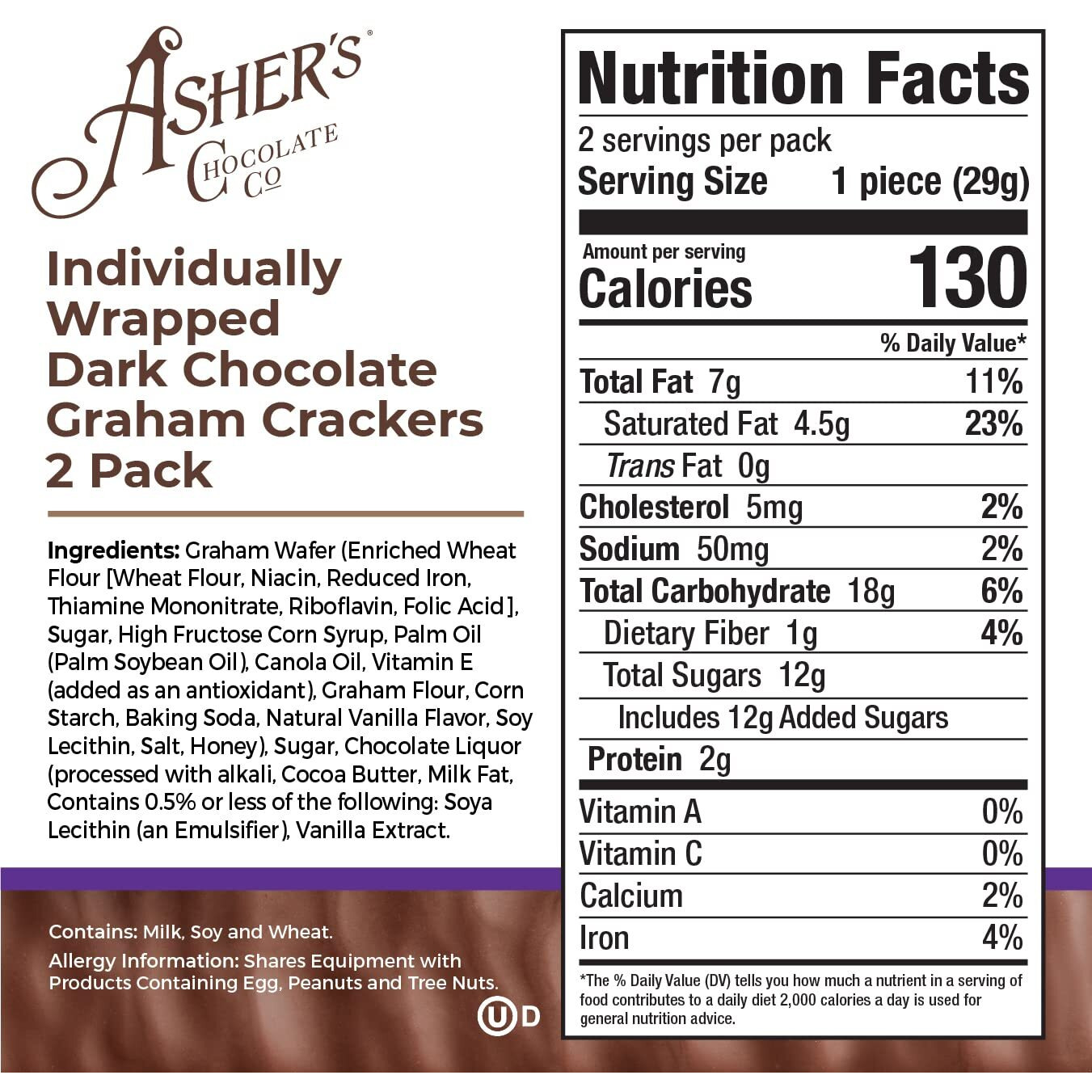 Asher's Chocolates, Chocolate Covered Grahams, Gourmet Sweet And Salty Candy, Individually Wrapped Snack, Family Owned Since 1892 (Dark Chocolate, 15 Count, 2 Packs)