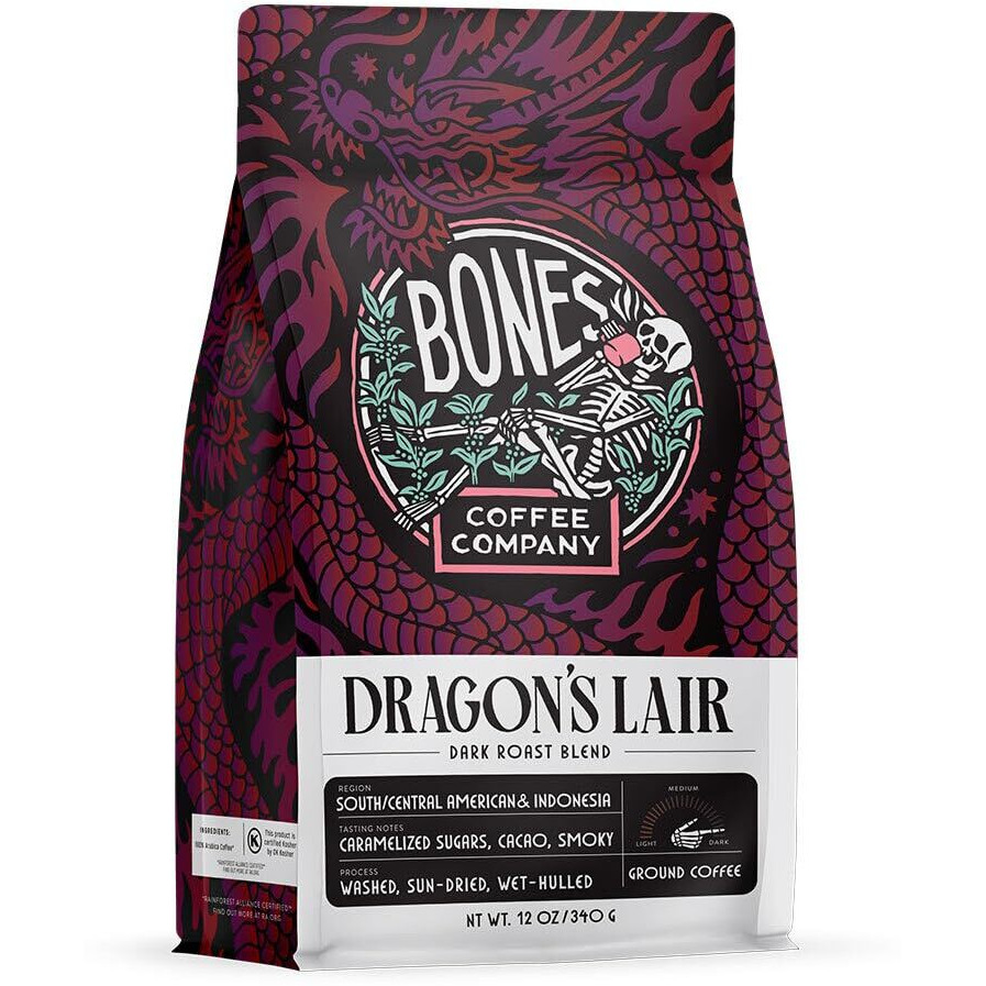 Bones Coffee Company Dragon's Lair Ground Coffee Beans | 12 Oz Dark Roast Blend Arabica Low Acid Coffee | Gourmet Coffee (Ground)