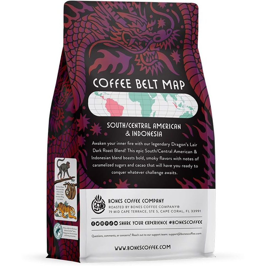 Bones Coffee Company Dragon's Lair Ground Coffee Beans | 12 Oz Dark Roast Blend Arabica Low Acid Coffee | Gourmet Coffee (Ground)