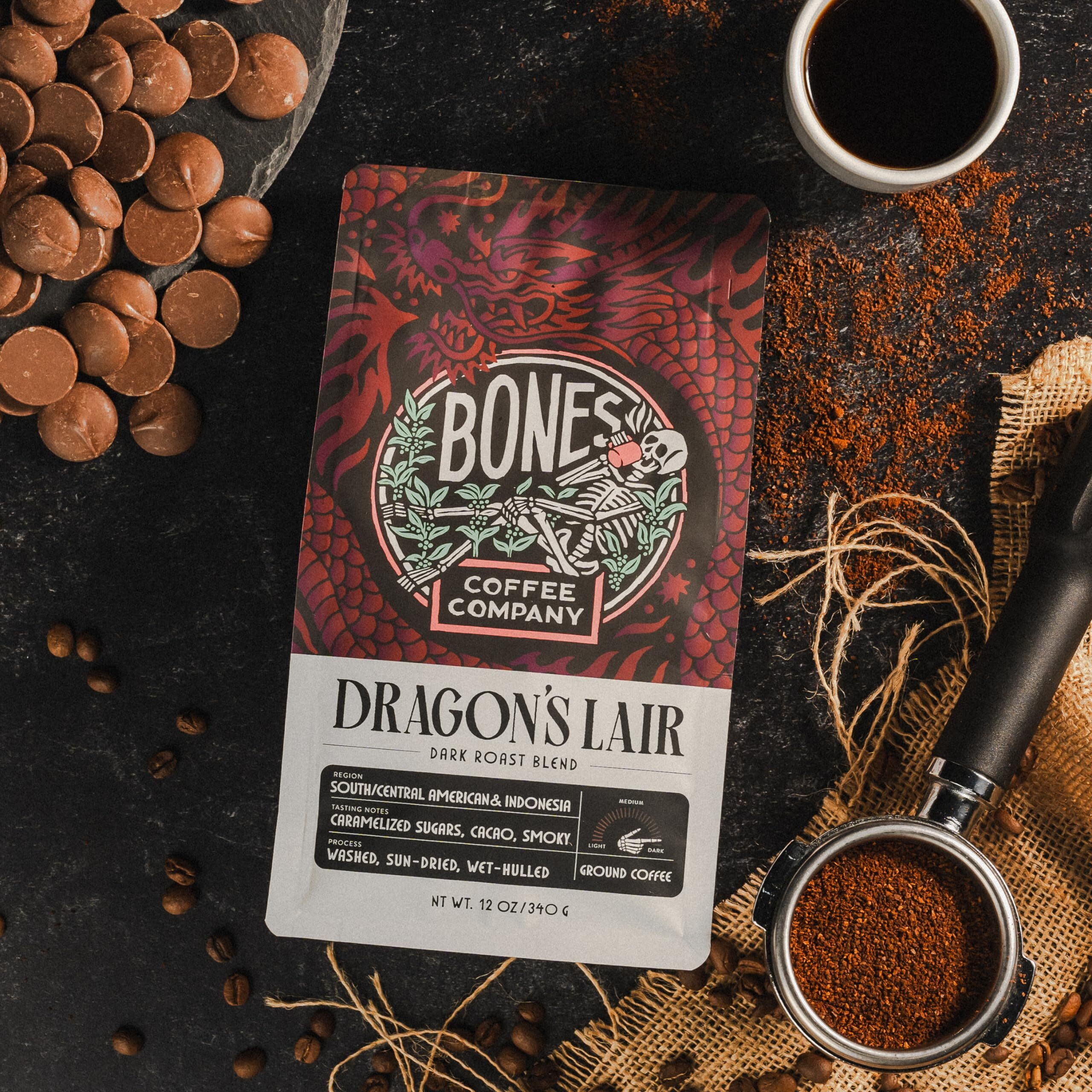 Bones Coffee Company Dragon's Lair Ground Coffee Beans | 12 Oz Dark Roast Blend Arabica Low Acid Coffee | Gourmet Coffee (Ground)