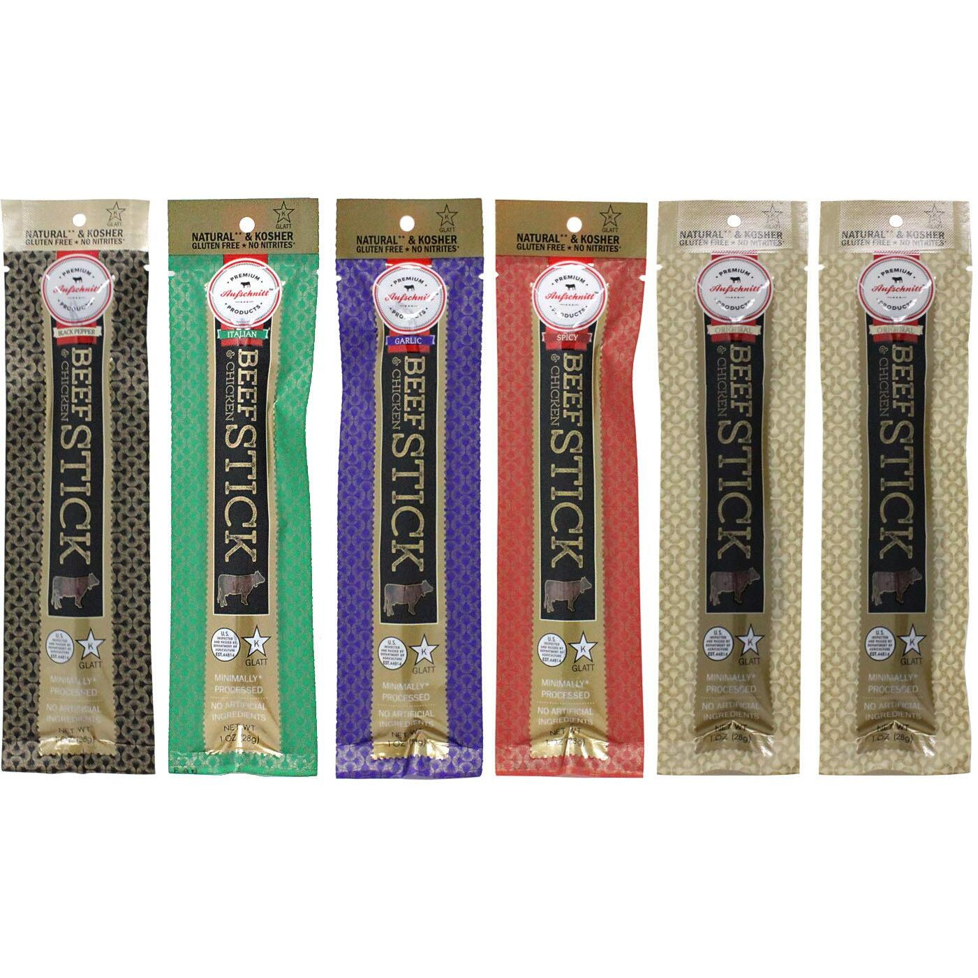 Aufschnitt Grass Fed Beef Jerky Sticks - Low Sodium, Certified Kosher - Halal And Keto Friendly - 6 Pack, Variety