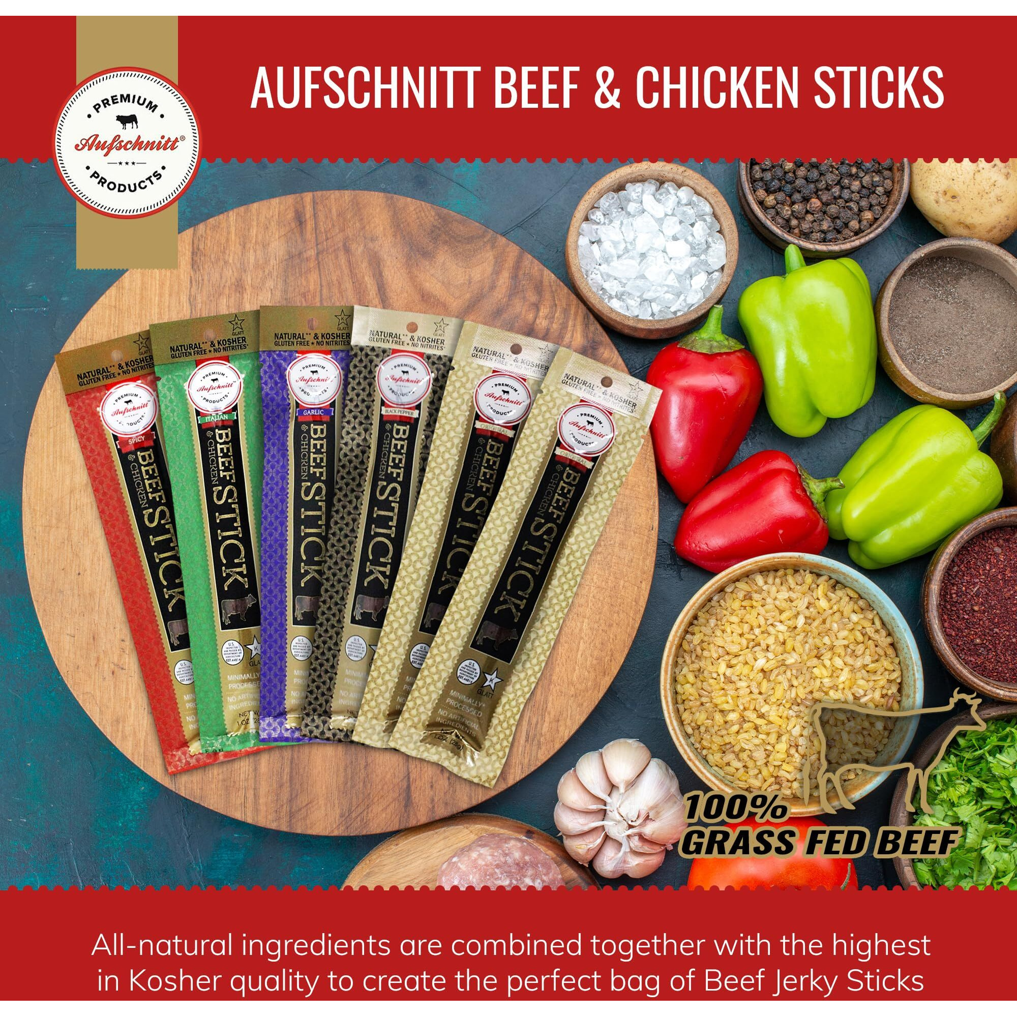 Aufschnitt Grass Fed Beef Jerky Sticks - Low Sodium, Certified Kosher - Halal And Keto Friendly - 6 Pack, Variety