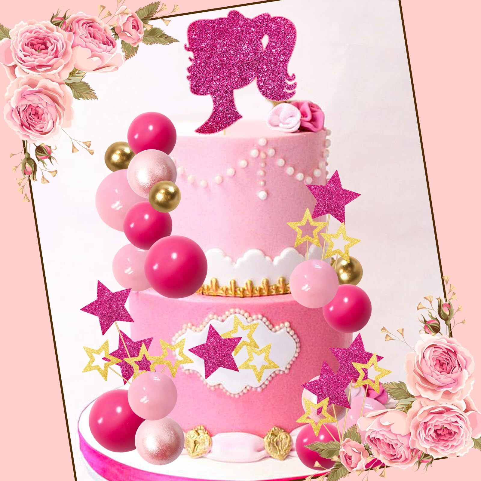 Memovan Hot Pink Girl Cake Toppers 36Pcs Ball Cake Decorations With Hot Pink Gold Balls Shiny Stars For Boho Girl Hot Pink Princess Theme Wedding Baby Shower Birthday Party Supplies