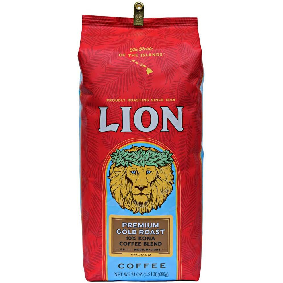 Lion Coffee Premium Gold Roast, 10% Kona Coffee Blend, Medium-Light Roast, A Taste Of Aloha - Ground (24 Ounce Bag)