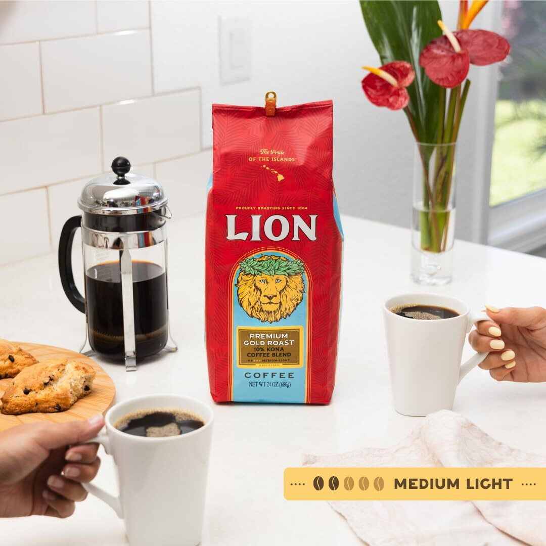 Lion Coffee Premium Gold Roast, 10% Kona Coffee Blend, Medium-Light Roast, A Taste Of Aloha - Ground (24 Ounce Bag)