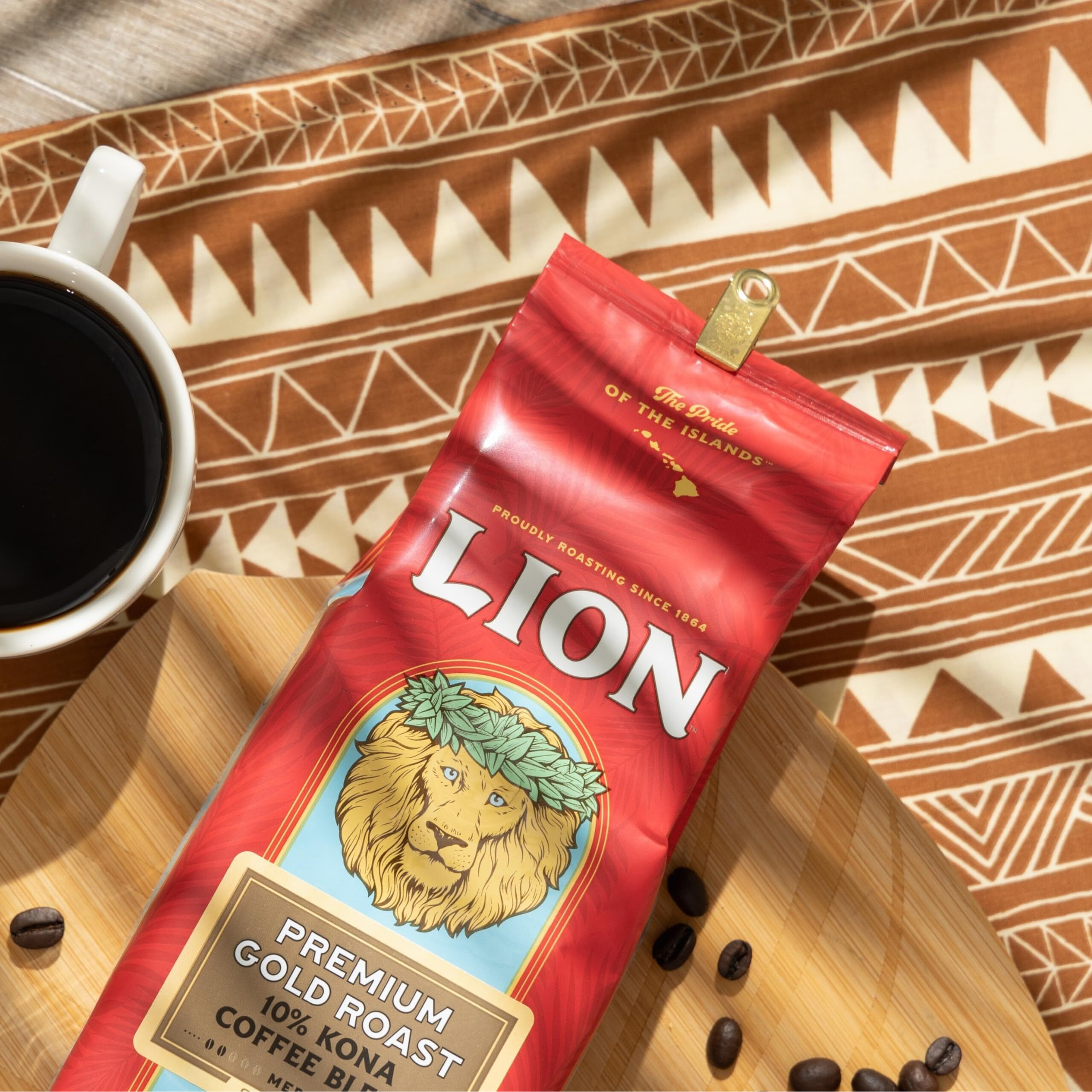 Lion Coffee Premium Gold Roast, 10% Kona Coffee Blend, Medium-Light Roast, A Taste Of Aloha - Ground (24 Ounce Bag)