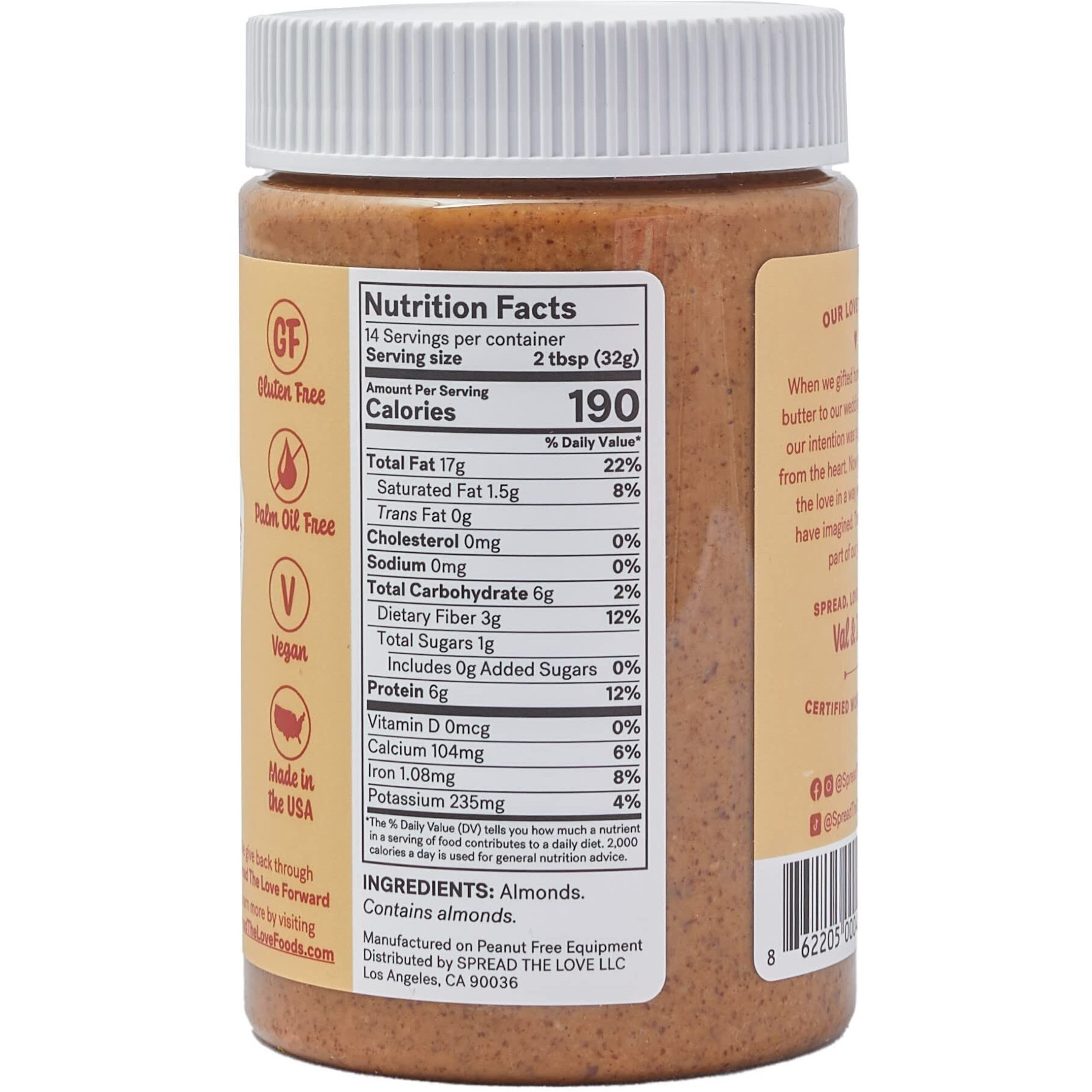 Spread The Love Unsalted Crunch Almond Butter, All Natural, Vegan, Gluten Free, Creamy, No Added Salt Or Sugar, No Palm Fruit Oil, Not Pasteurized With Ppo, Made In California (3-Pack)