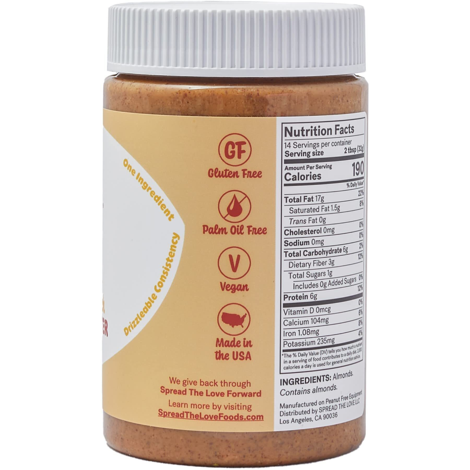 Spread The Love Unsalted Crunch Almond Butter, All Natural, Vegan, Gluten Free, Creamy, No Added Salt Or Sugar, No Palm Fruit Oil, Not Pasteurized With Ppo, Made In California (3-Pack)