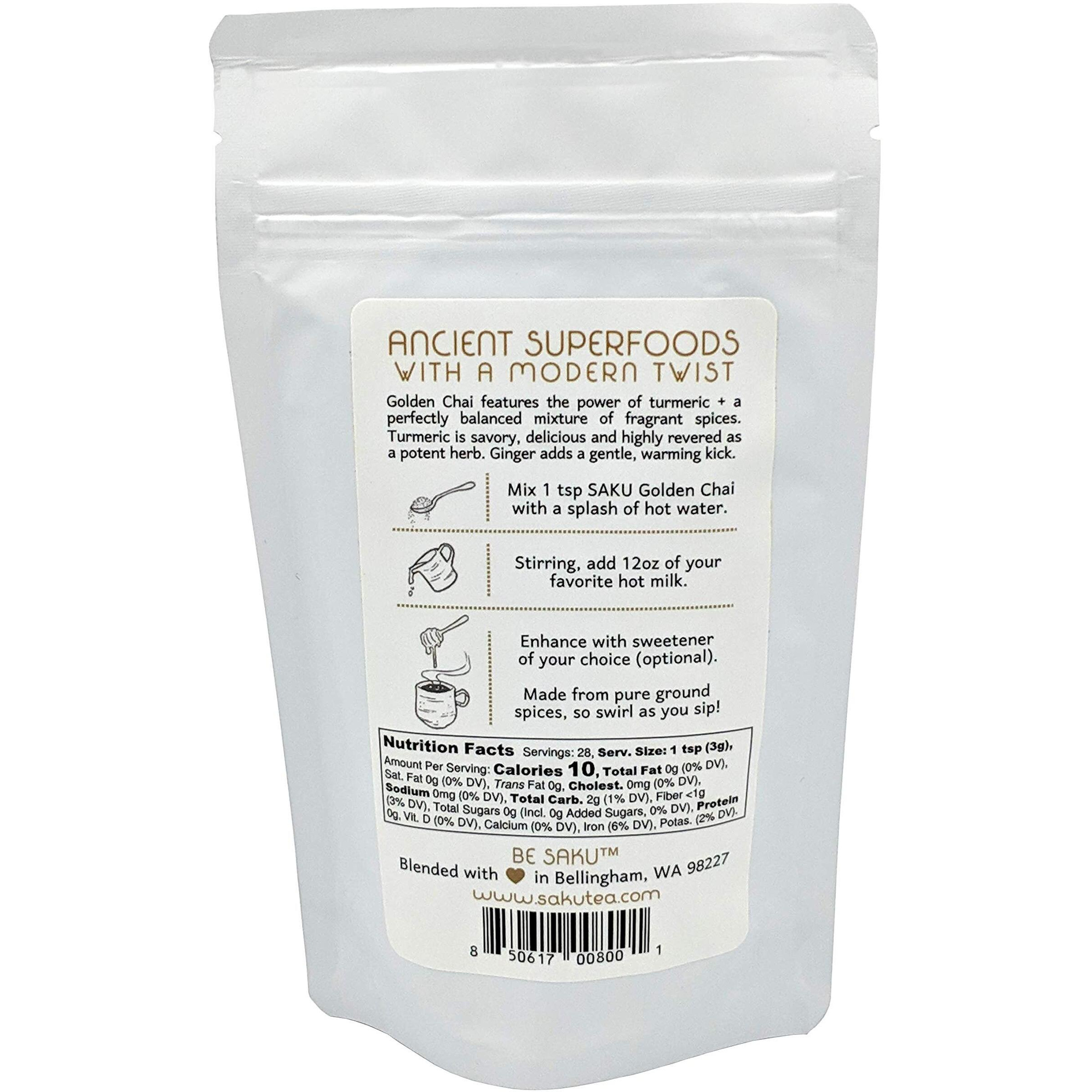 Saku Tea, Golden Chai Turmeric Latte Blend, Super Food Latte, 3Oz Bag