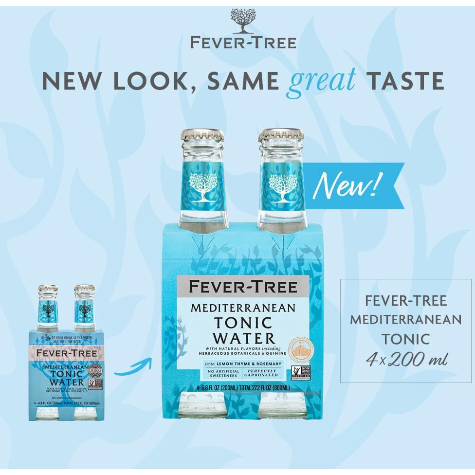 Fever Tree Mediterranean Tonic Water - Premium Mixer - Refreshing Beverage For Cocktails & Mocktails. Naturally Sourced Ingredients, No Artificial Sweeteners Or Colors - 200 Ml Bottles - Pack Of 24