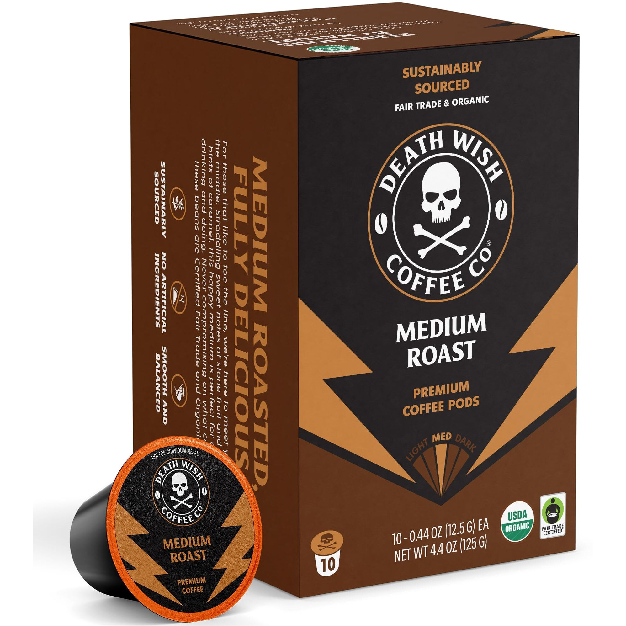Death Wish Coffee - Single Serve Pods - Medium Roast - Made With Usda Certified Organic - Extra Kick Of Caffeine 10 Count (Pack Of 1)
