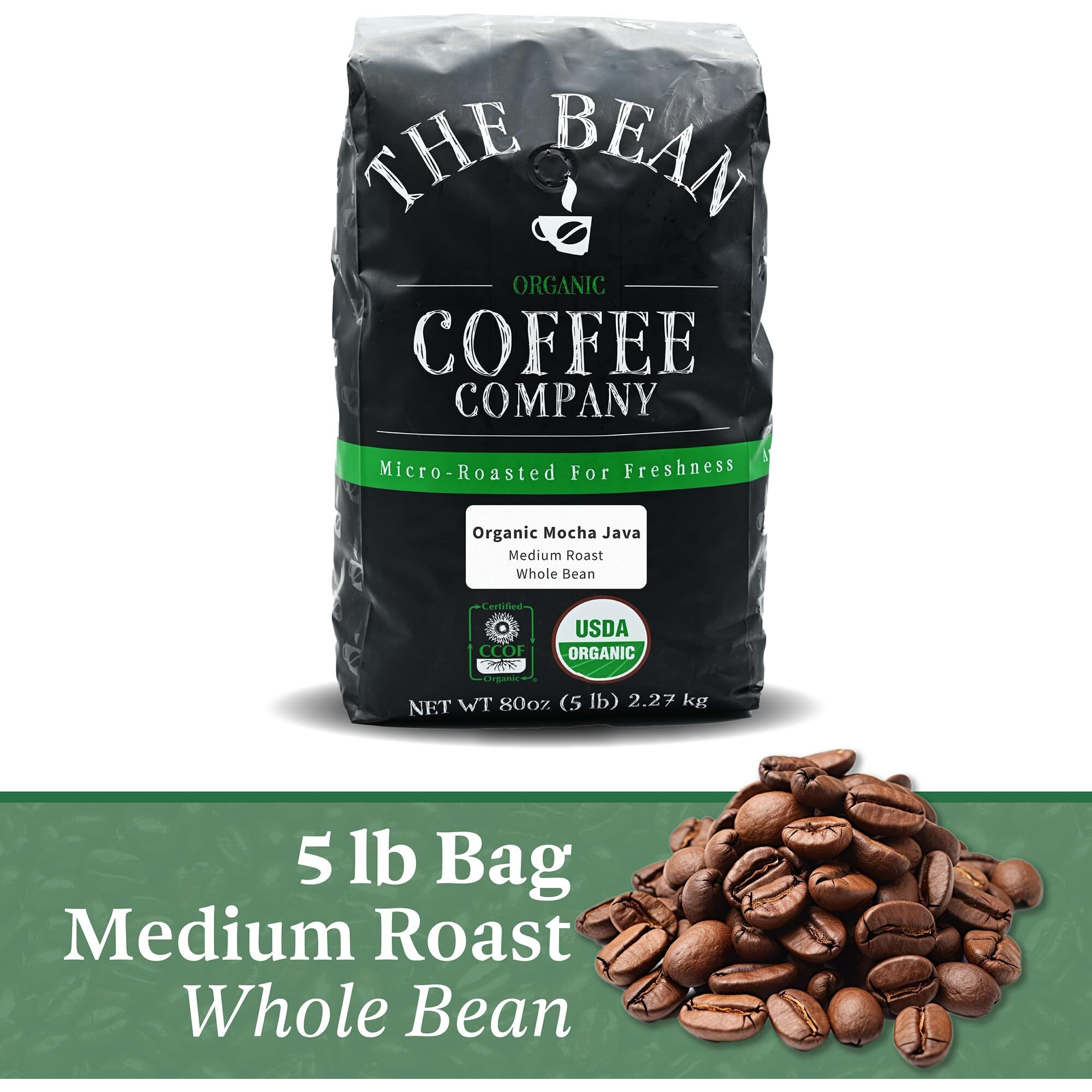 The Bean Organic Coffee Company Mocha Java, Medium Roast, Whole Bean Coffee, 5-Pound Bag