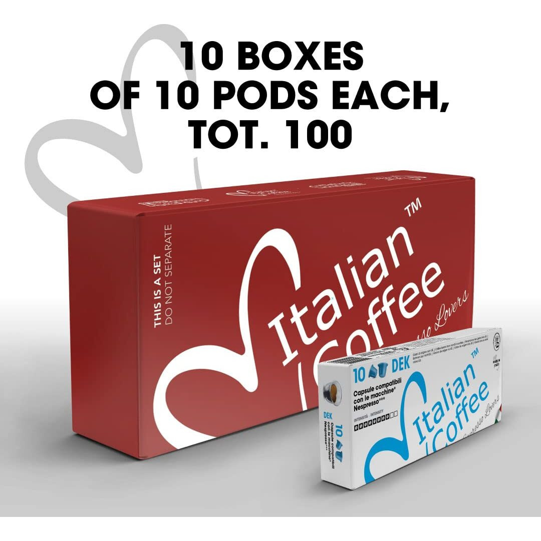 Delicitaly Pure Italian Food Italian Coffee Pods Compatible With Nespresso Original Machines, Italian Expresso Capsules (100 Decaffeinated Dek Regular Pods, 100 Count (Pack Of 1))