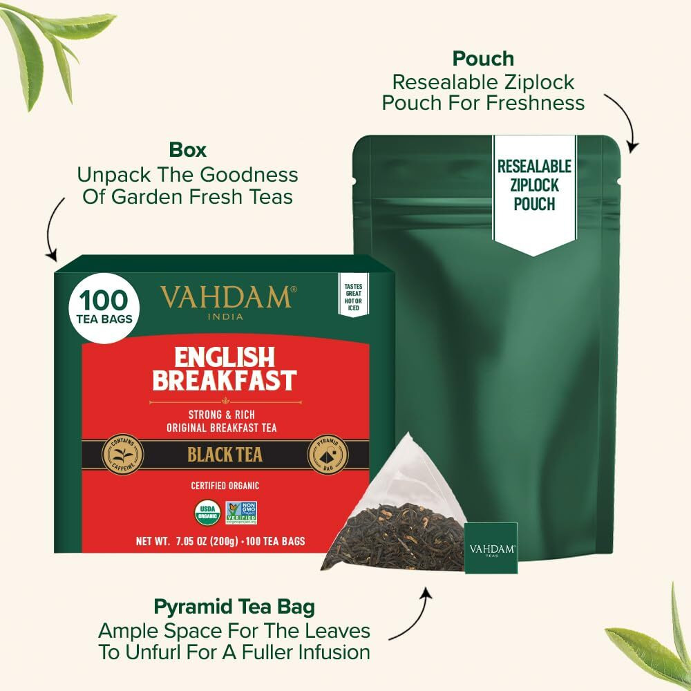 Vahdam, Organic English Breakfast Black Tea Bags (100 Count) High Caffeine | Strong, Robust & Flavoury | Pyramid Tea Bags | Full Bodied Black Tea Leaves