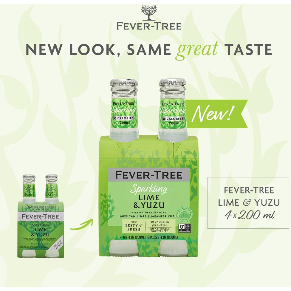 Fever Tree Sparkling Yuzu & Lime - Premium Quality Mixer - Refreshing Beverage For Cocktails & Mocktails. Naturally Sourced Ingredients, No Artificial Sweeteners Or Colors - 200 Ml Bottles-Pack Of 24