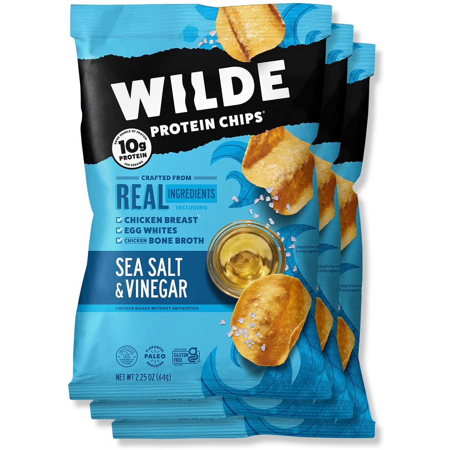Wilde Sea Salt And Vinegar Protein Chips, Thin And Crispy, High Protein, Keto Friendly, Made With Real Ingredients, 2.25Oz Bags (Pack Of 3)