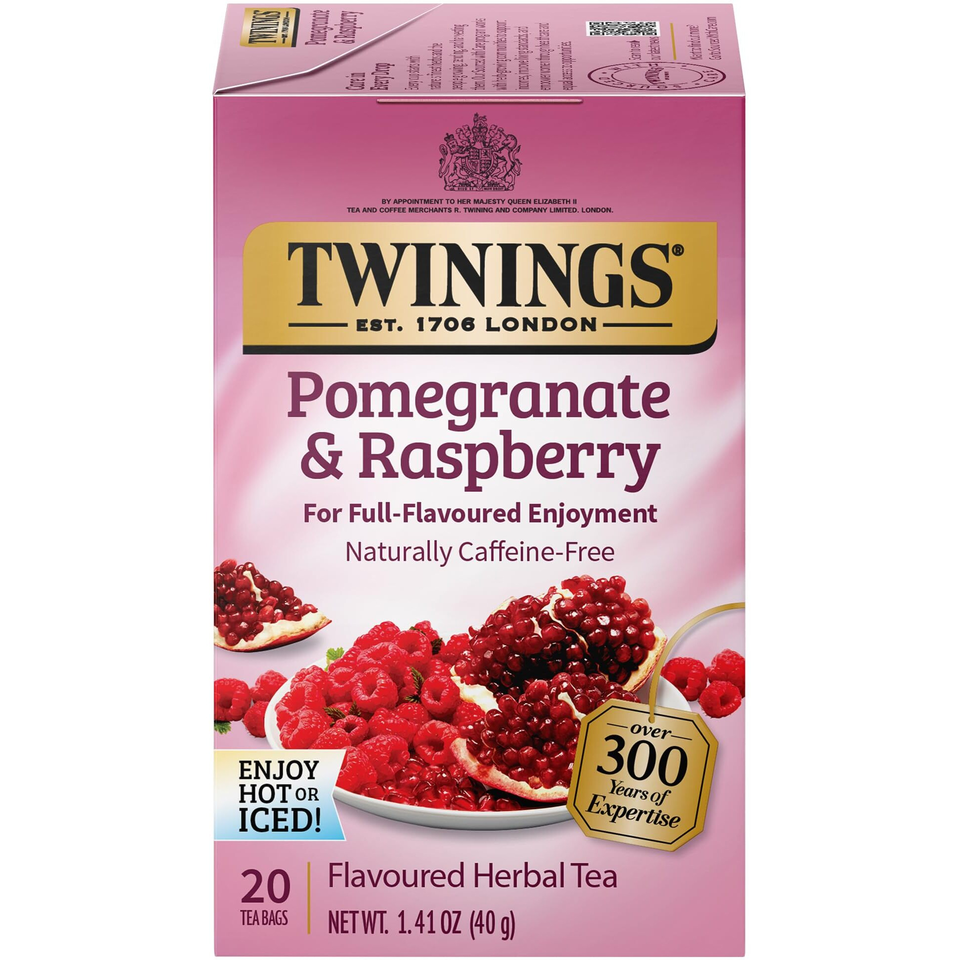 Twinings Pomegranate & Raspberry Herbal Tea, 20 Count (Pack Of 6), Individually Wrapped Tea Bags, Naturally Caffeine Free, Enjoy Hot Or Iced