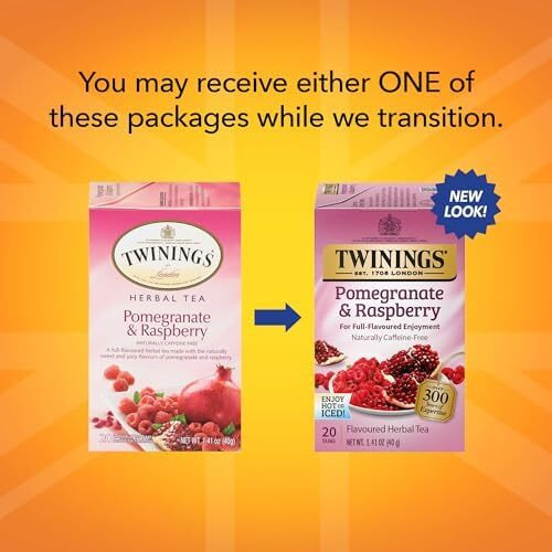 Twinings Pomegranate & Raspberry Herbal Tea, 20 Count (Pack Of 6), Individually Wrapped Tea Bags, Naturally Caffeine Free, Enjoy Hot Or Iced