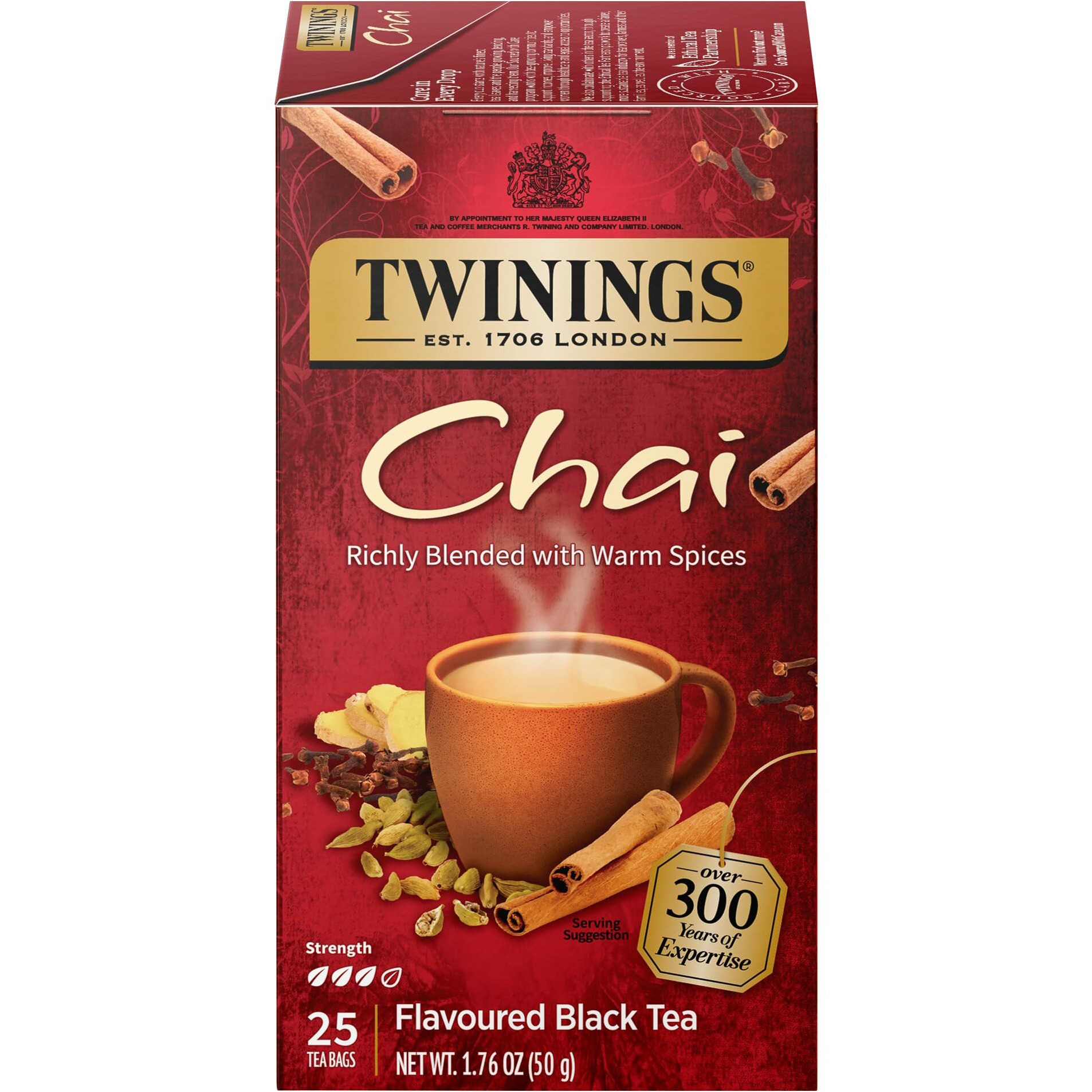 Twinings Chai Individually Wrapped Black Tea Bags, 25 Count (Pack Of 6), Sweet, Savoury Spices, Caffeinated, Enjoy Hot Or Iced