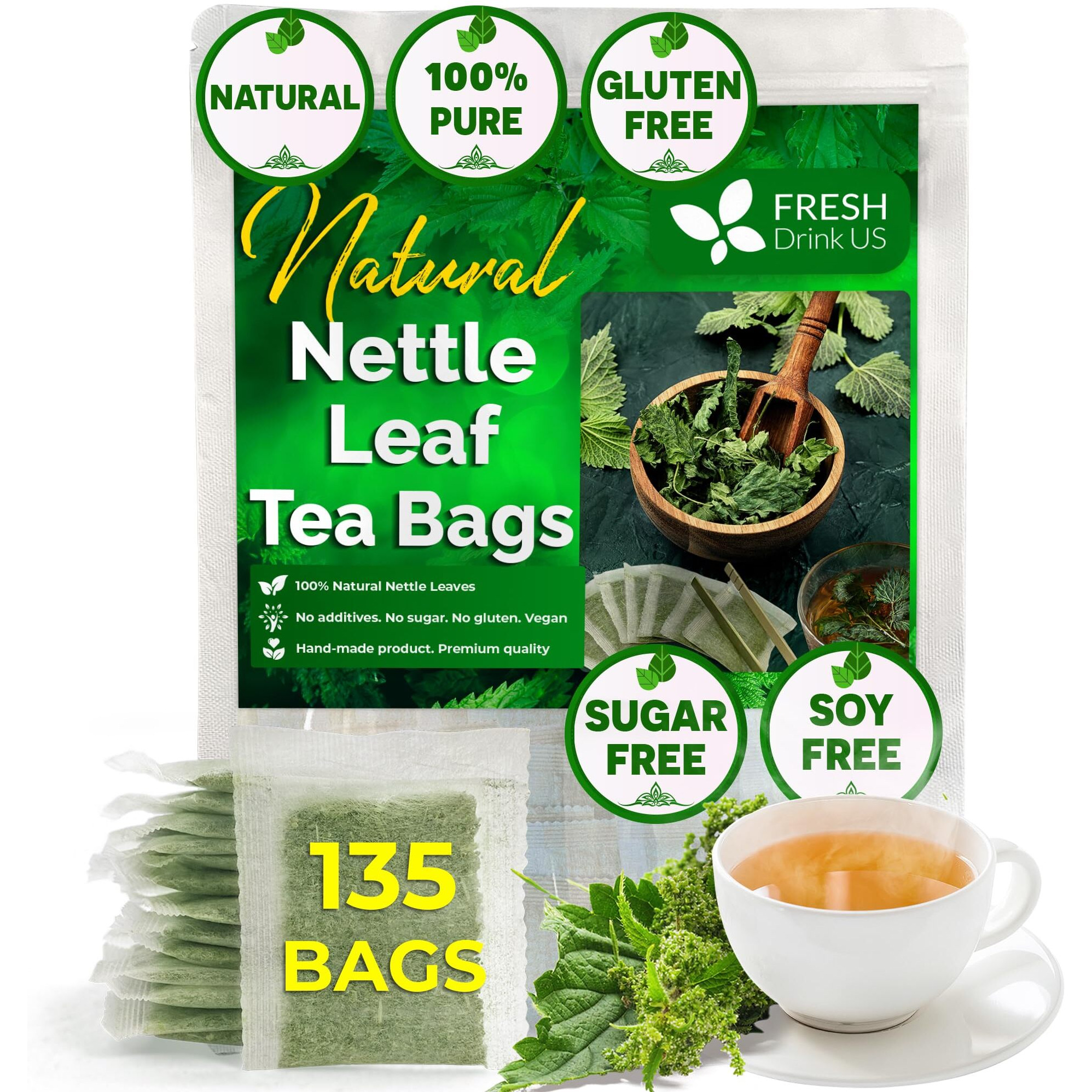 Freshdrinkus, Premium 135 Nettle Leaf Tea Bags, 100% Natural & Pure, Stinging Nettle Leaf Tea, Nettle Leaf Tea, Burn Nettle, Stinging Nettle, Nettle Tea, Stinger Tea, No Sugar/ Caffeine & Gluten, Vegan