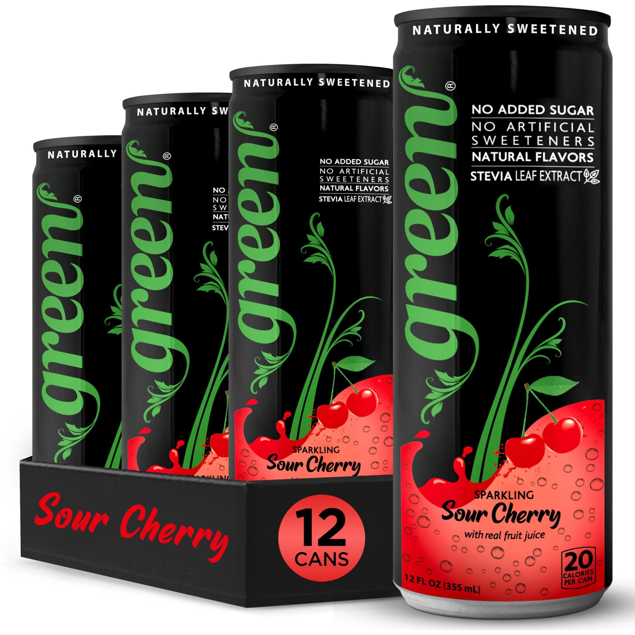 Green Sour Cherry- No Added Sugar, 10% Real Sour Cherry Juice, 20 Calories Per Can, Naturally Sweetened With 100% Stevia Leaf Extract, Carbonated Soda, 12 Fl Oz Each Can - Pack Of 12