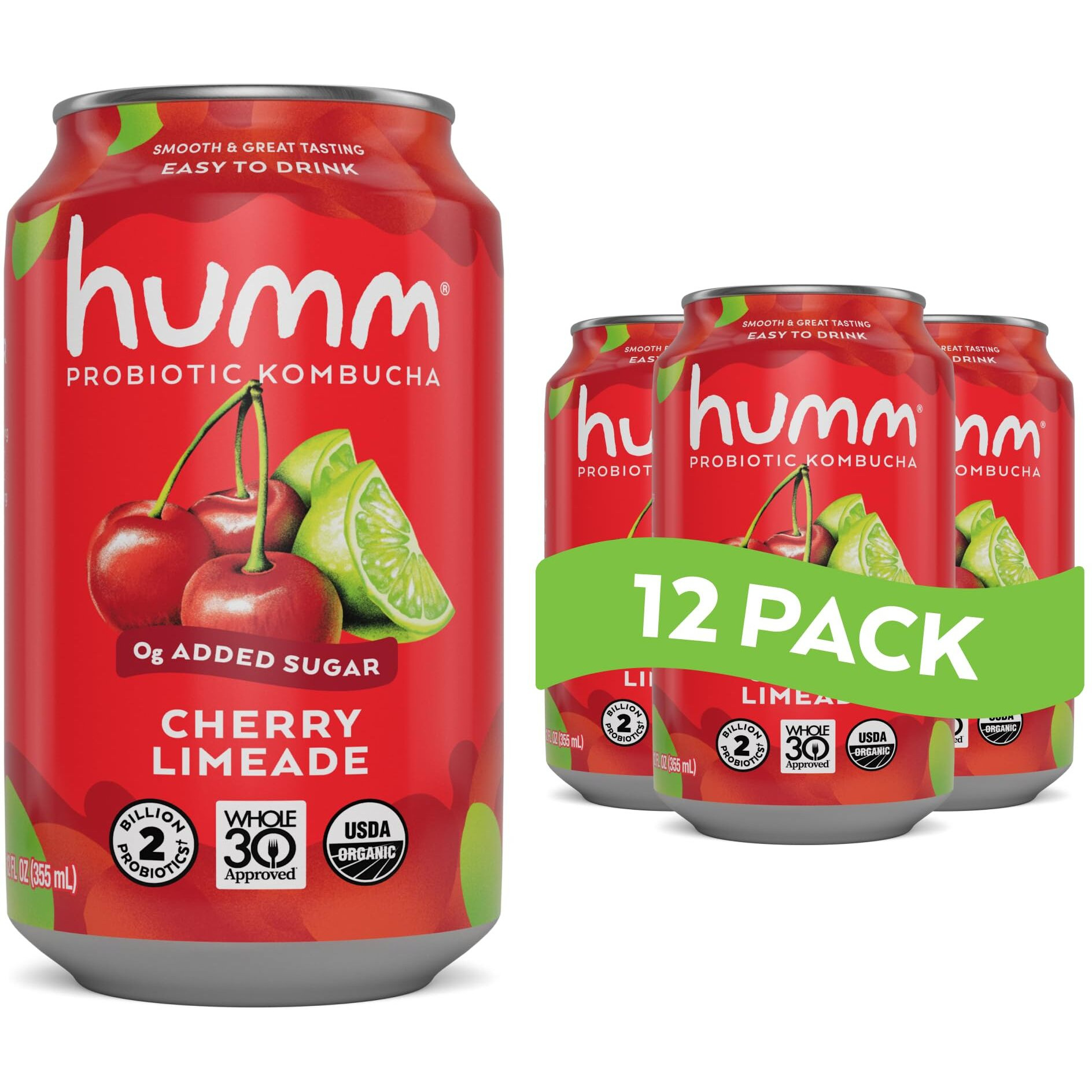 Humm Whole30 Approved Kombucha, Cherry Limeade, Organic, Vegan & Gmo Free (12 Pack)