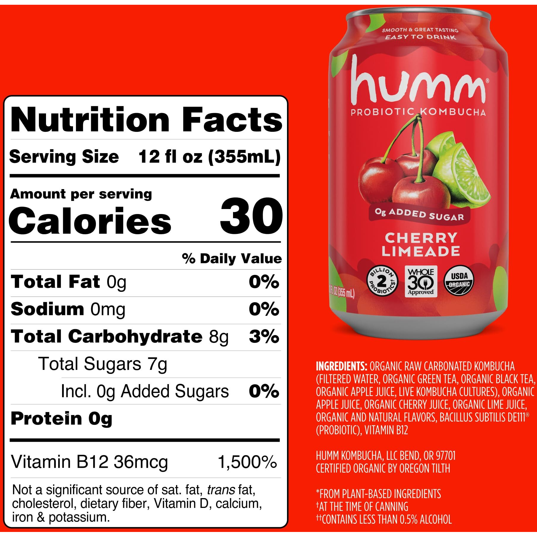 Humm Whole30 Approved Kombucha, Cherry Limeade, Organic, Vegan & Gmo Free (12 Pack)
