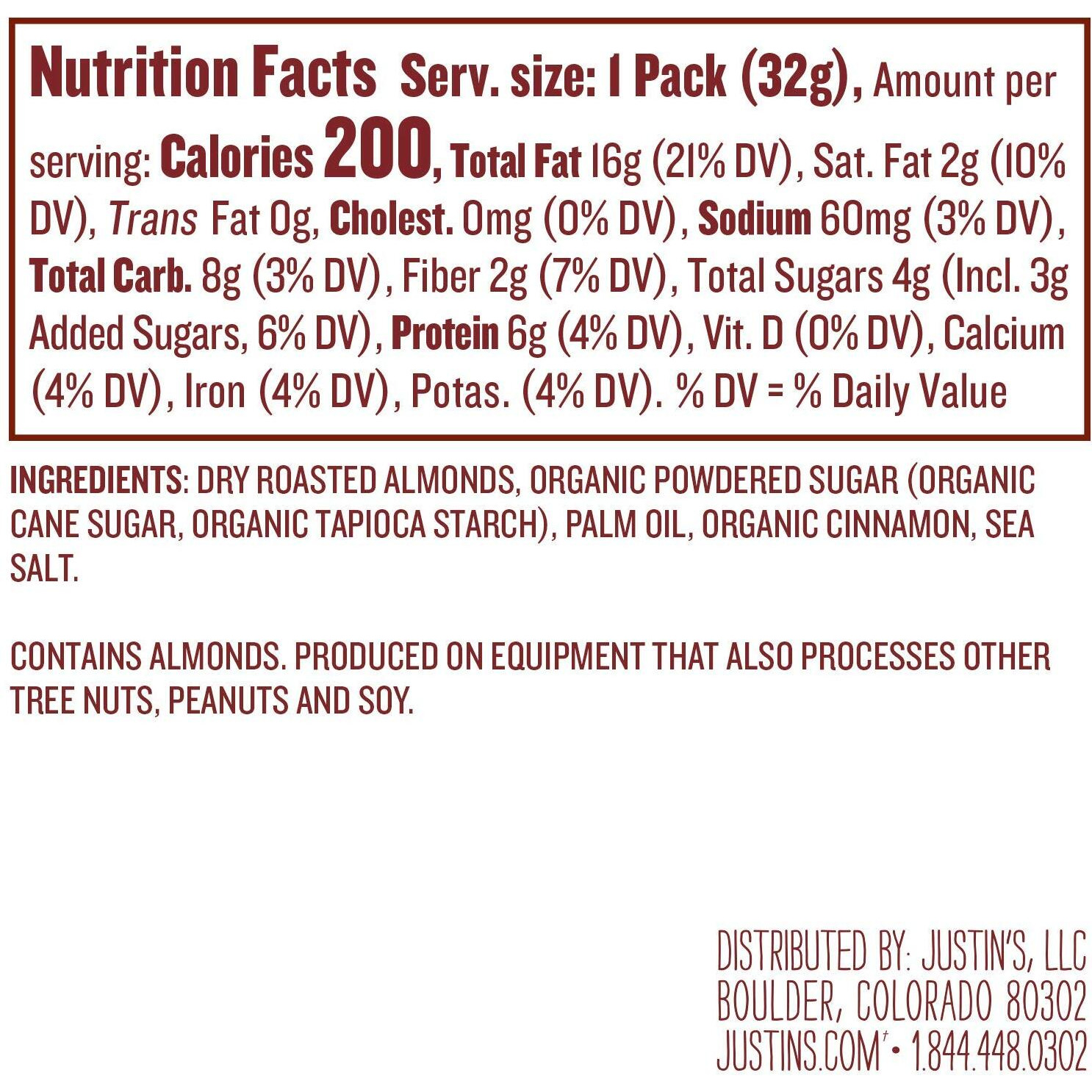 Justin's Cinnamon Almond Butter Squeeze Packs, Gluten-Free, Non-Gmo, Responsibly Sourced, 11.15 Ounce (Pack Of 10)