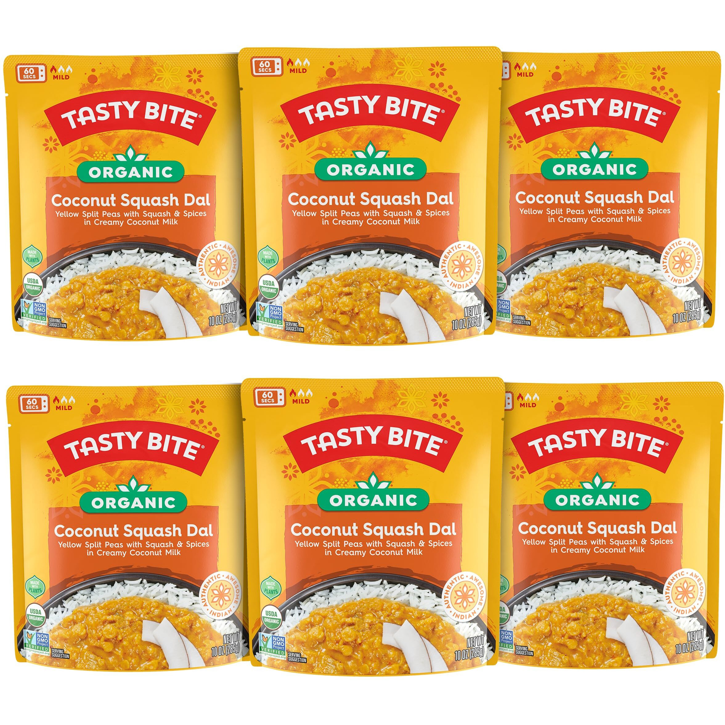 Tasty Bite Organic Coconut Squash Dal, 10 Ounce, Pack Of 6, Ready To Eat, Microwavable Entree, Vegan