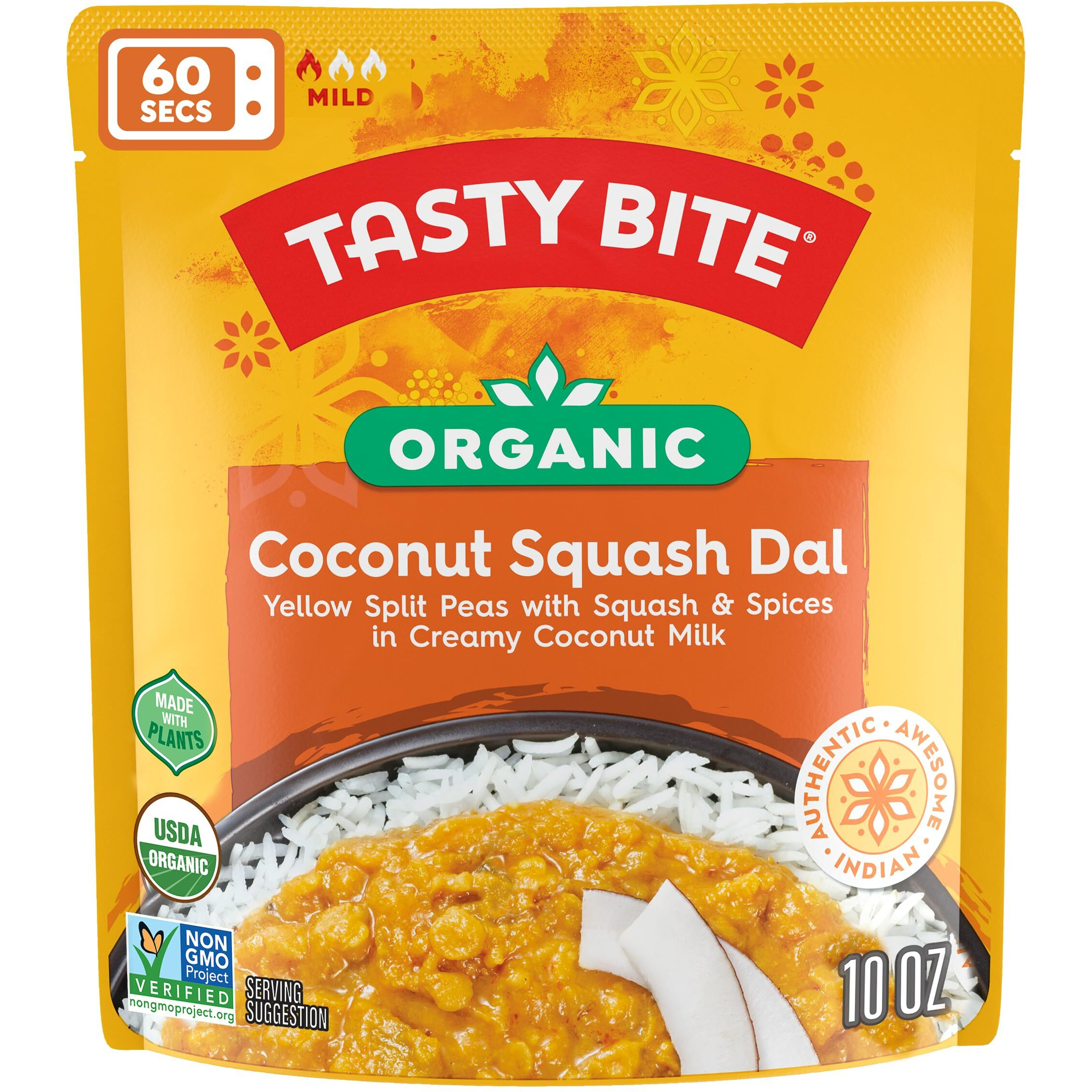 Tasty Bite Organic Coconut Squash Dal, 10 Ounce, Pack Of 6, Ready To Eat, Microwavable Entree, Vegan