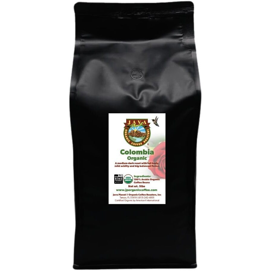 Low Acid Organic Coffee - Whole Bean, Mold-Free & Stomach Friendly By Java Planet, Colombian Single Origin, Medium Dark Roast, Smooth Full Flavored, 5Lb Bag