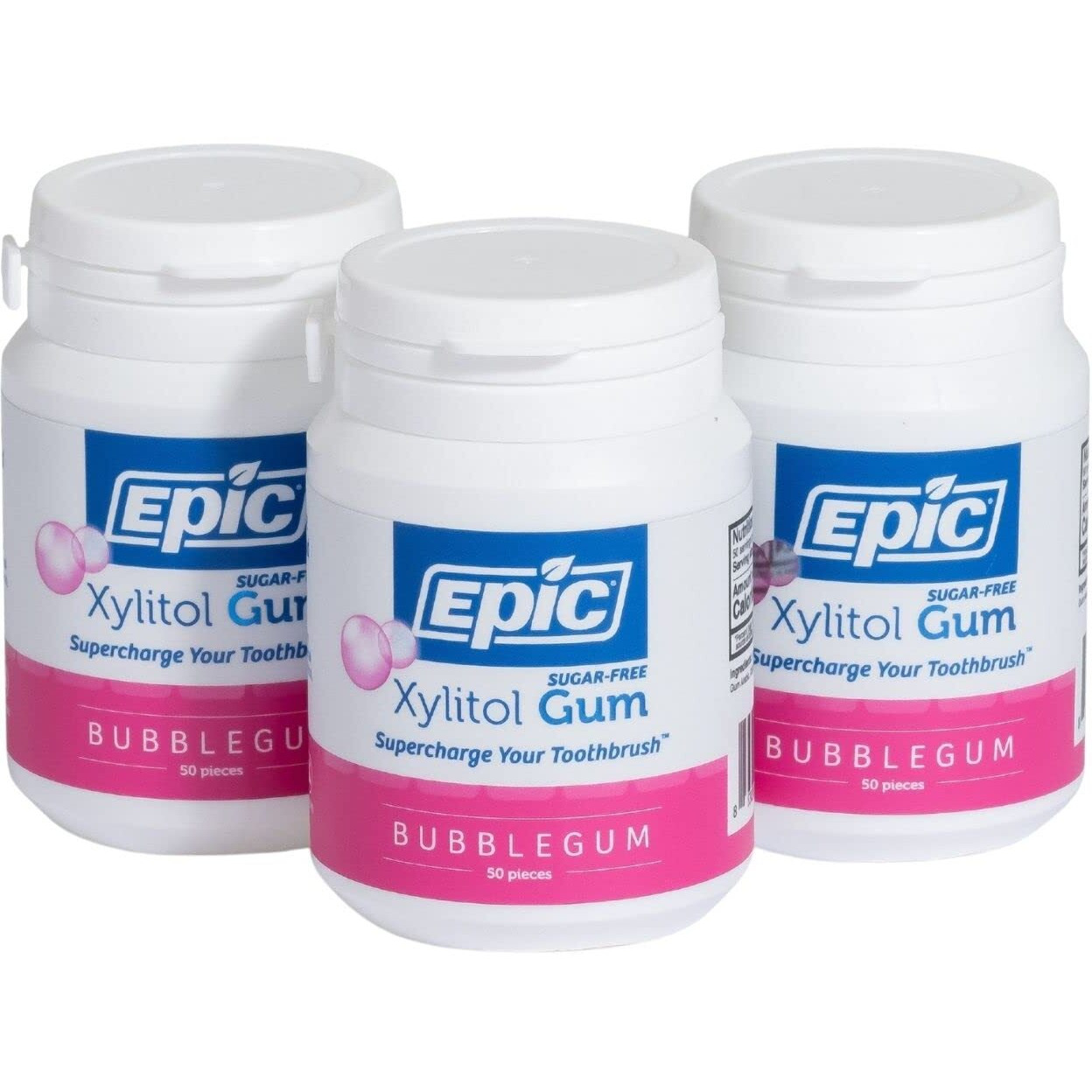 Epic Xylitol Chewing Gum - Sugar Free & Aspartame Free Chewing Gum Sweetened W/Xylitol For Dry Mouth & Gum Health (Bubblegum, 50-Piece Bottle, 3 Bottles)