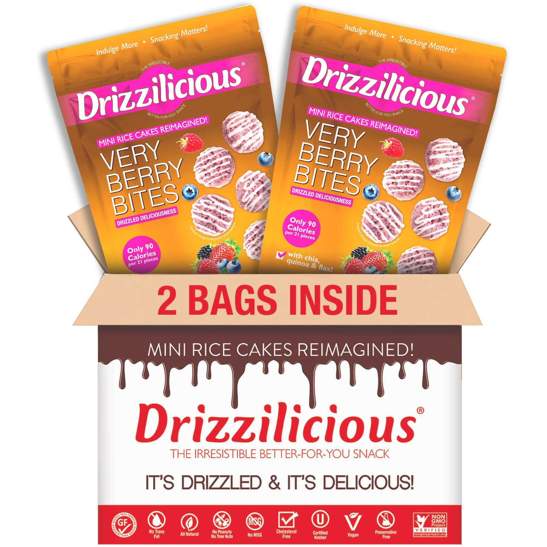 Drizzilicious Mini Rice Cakes Very Berry - Rice Crisps, Healthy Snack For Adults And Kids, Flavored Rice Cakes, Vegan, Gluten Free, Allergen Free, Only 90 Calories Per Serving - 4 Oz (Pack Of 2)