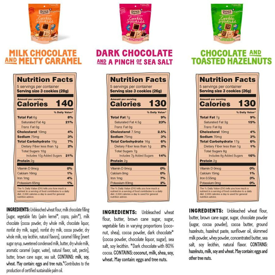Michel Et Augustin Chocolate Cookie Squares Snack Bag, Milk Chocolate & Caramel Cookies, Chocolate Gift Box, 3-Pack, 15 French Shortbread Cookies Per Bag