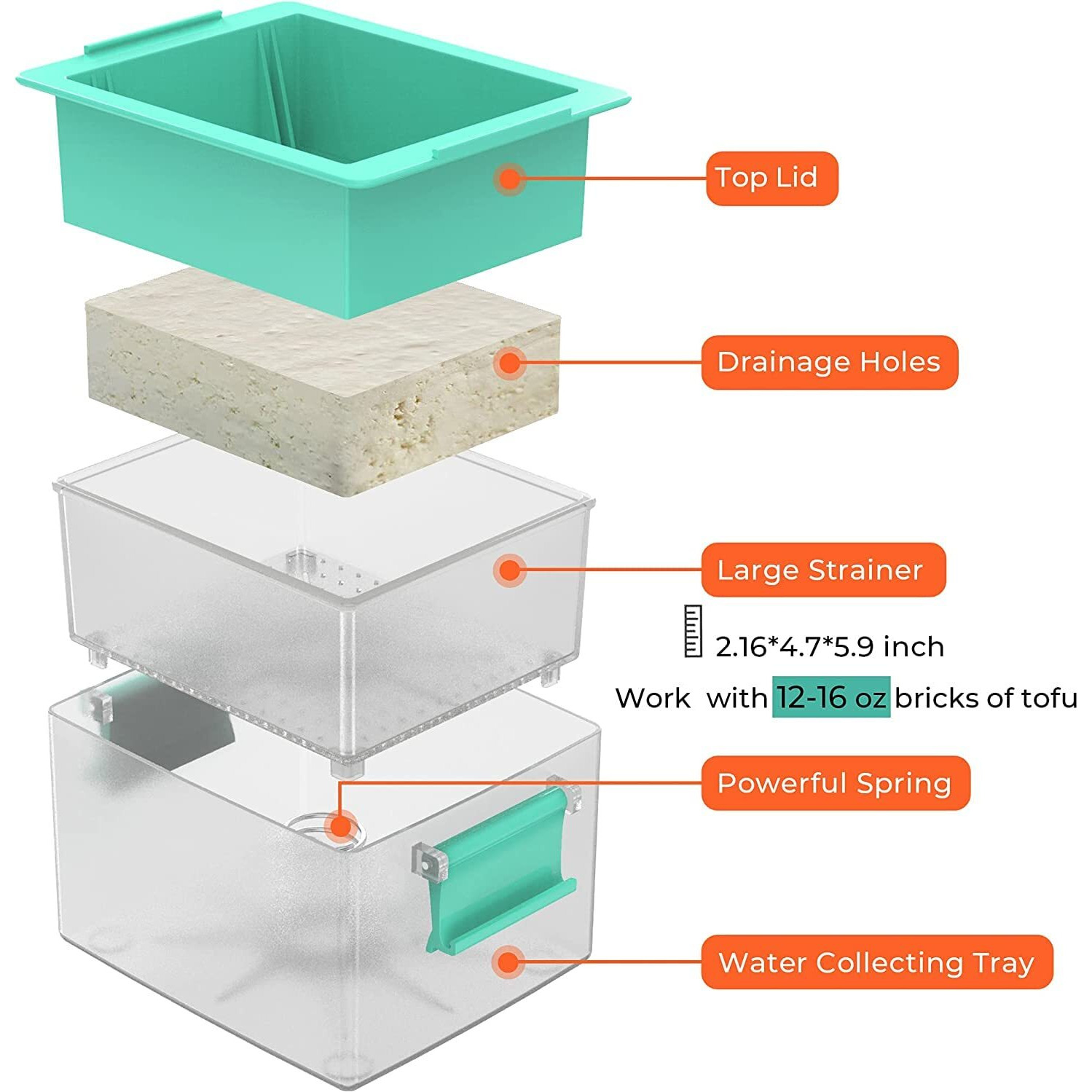 Large Tofu Press, Yarkor Tofu Presser For 12-16 Oz Bricks Firm Tofu Or Extra Firm Tofu, Built-In Drip Tray, Simple And Effective Design, Dishwasher Safe, Fit For 16Oz Tofu, Tofu Recipe Included