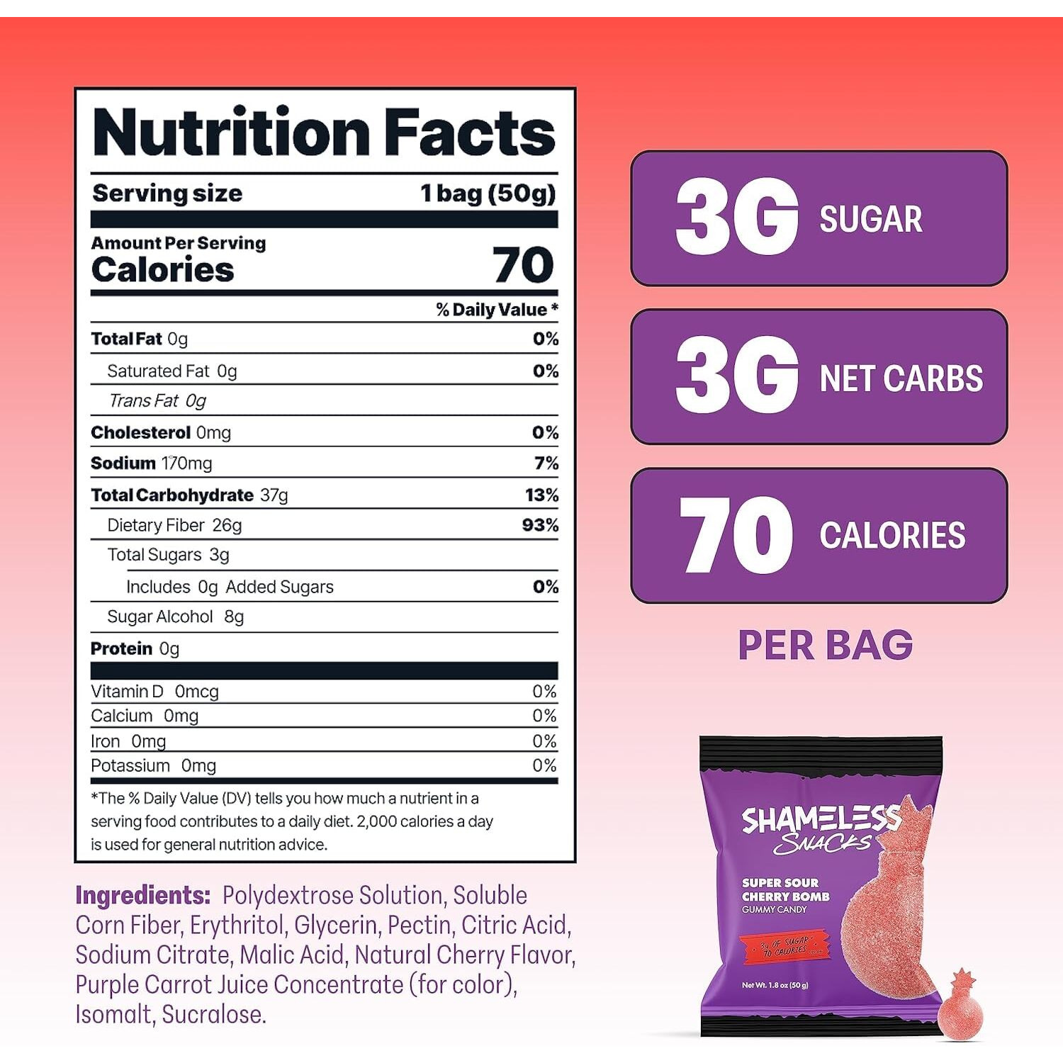 Shameless Snacks Sour Flavors Bundle Healthy Low Carb Keto Gummies Cherry Bomb, Blue Raspberry And Green Apple