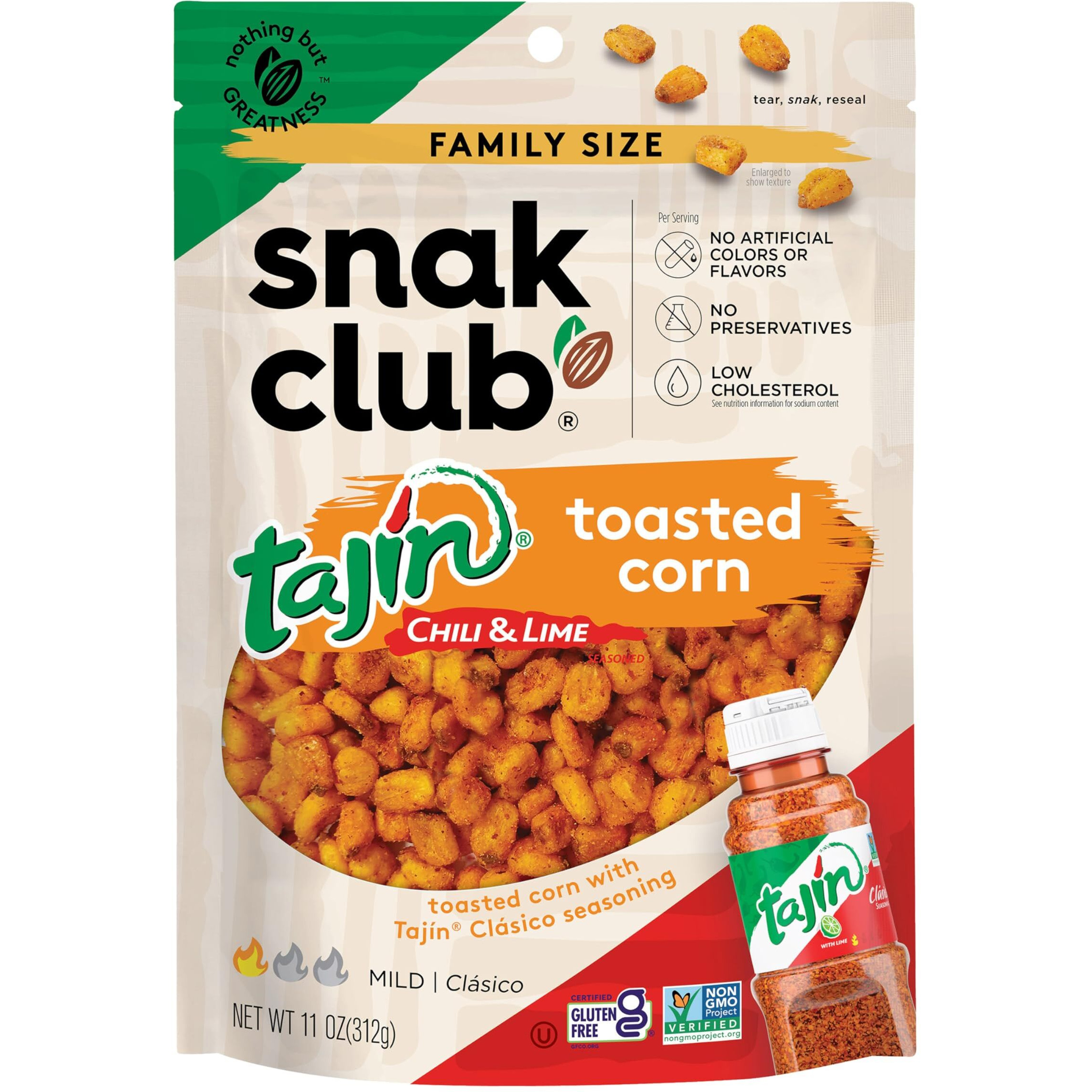 Snak Club Tajin Toasted Corn, Roasted Corn Nuggets With Chili And Lime Seasoning, Mild, Non-Gmo, Gluten-Free, Kosher Snack, No Artificial Colors Or Flavors, Low Cholesterol, 11 Oz Resealable Bag