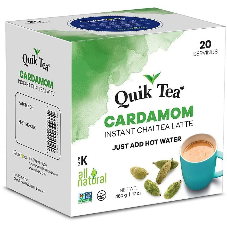 Quiktea Cardamom Instant Chai Tea Latte - 20 Count Single Box - Single Serve Pouches - All Natural & Preservative Free