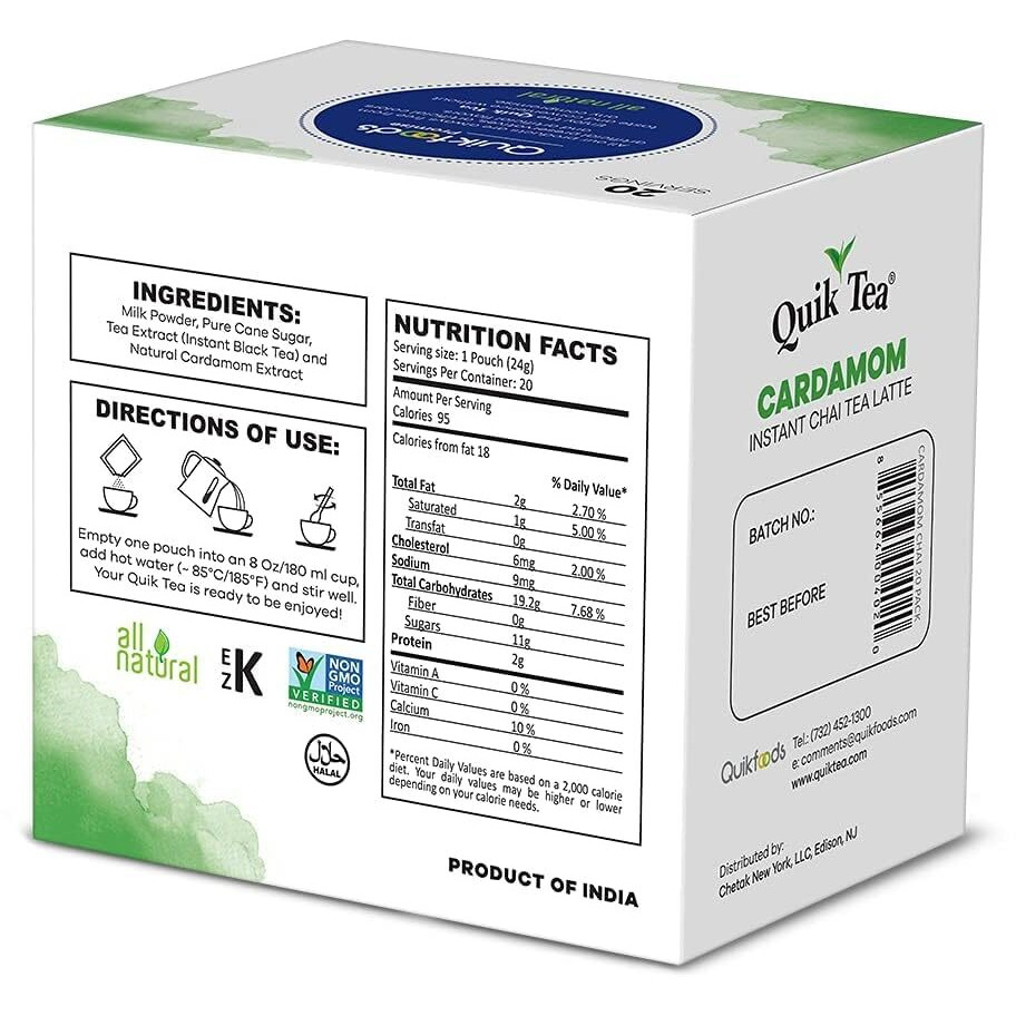 Quiktea Cardamom Instant Chai Tea Latte - 20 Count Single Box - Single Serve Pouches - All Natural & Preservative Free