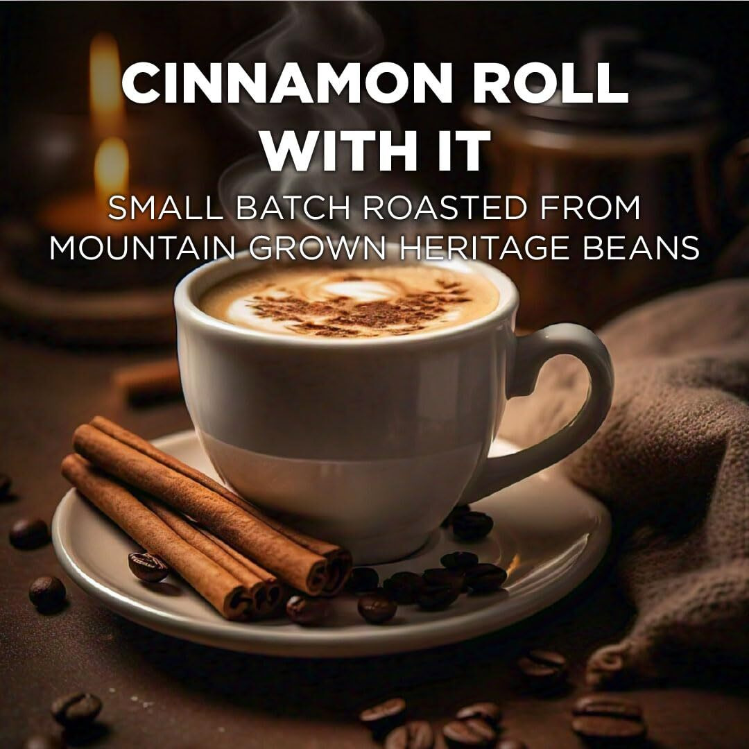 Maud's Cinnamon Roll Flavored Coffee Pods, 50 Ct | Cinnamon Roll With It Flavor | 100% Arabica Medium Roast Coffee | Solar Energy Produced Recyclable Pods Compatible With Keurig K Cups Maker