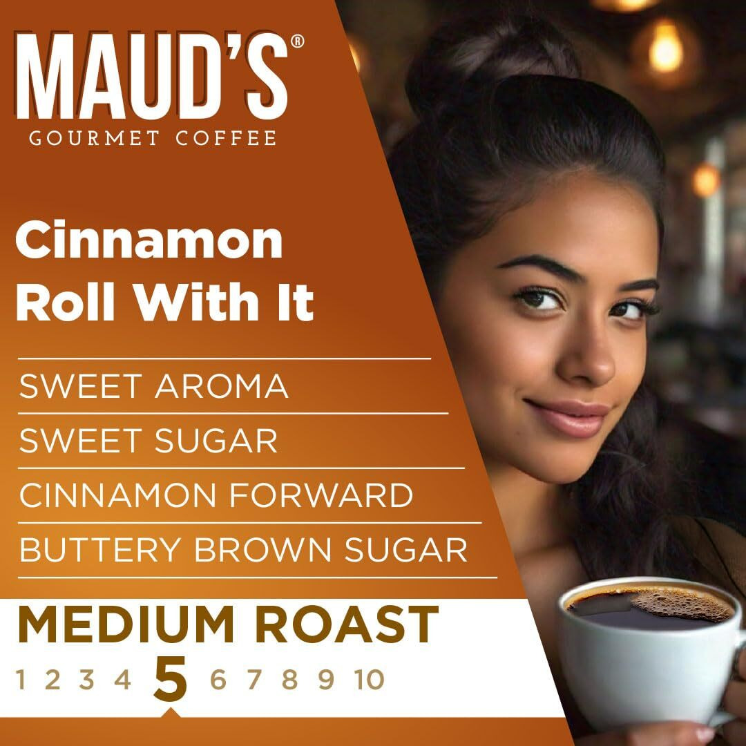 Maud's Cinnamon Roll Flavored Coffee Pods, 50 Ct | Cinnamon Roll With It Flavor | 100% Arabica Medium Roast Coffee | Solar Energy Produced Recyclable Pods Compatible With Keurig K Cups Maker