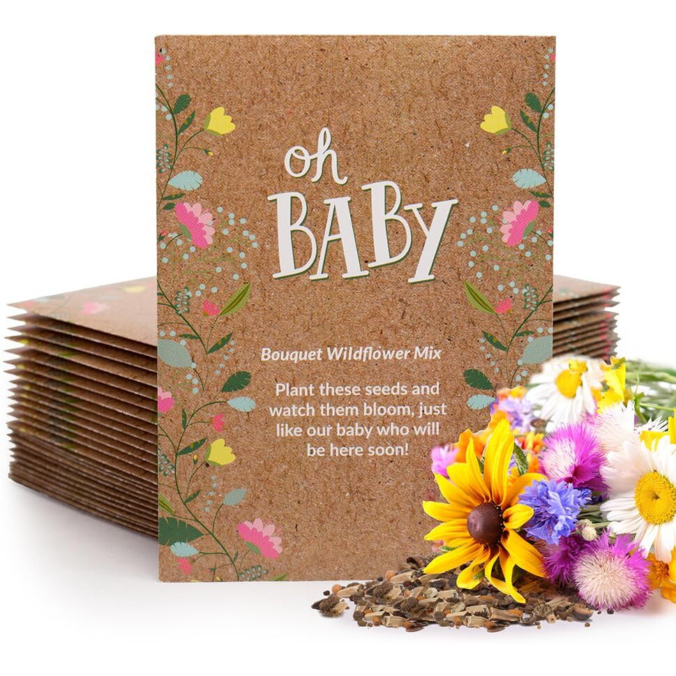 Bentley Seed Co. Oh Baby Flower Seeds Packets - Girl/Boy Baby Shower Favors - Pre-Filled, 25 Wildflower Seed Packs For Favor - Eco-Friendly Gift & Babys Guest Giveaways - Non-Gmo Seeds - Brown Envelop