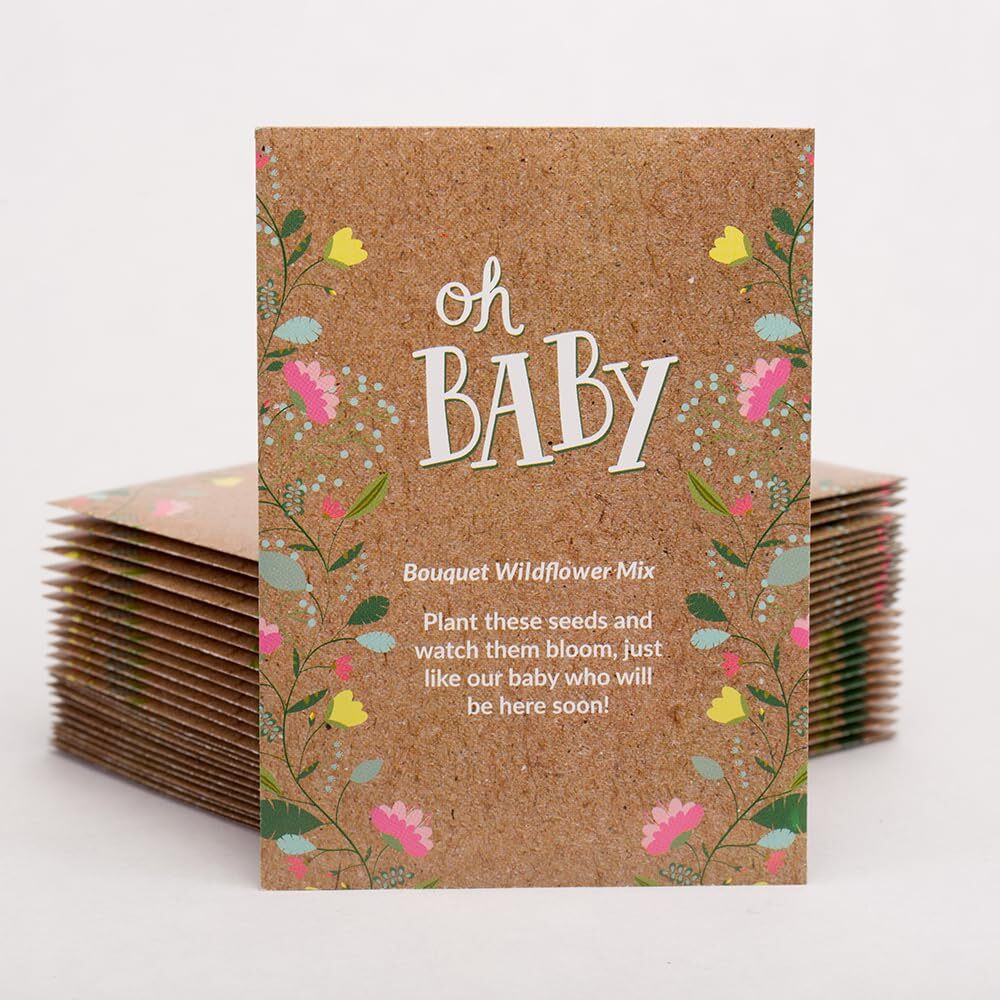 Bentley Seed Co. Oh Baby Flower Seeds Packets - Girl/Boy Baby Shower Favors - Pre-Filled, 25 Wildflower Seed Packs For Favor - Eco-Friendly Gift & Babys Guest Giveaways - Non-Gmo Seeds - Brown Envelop