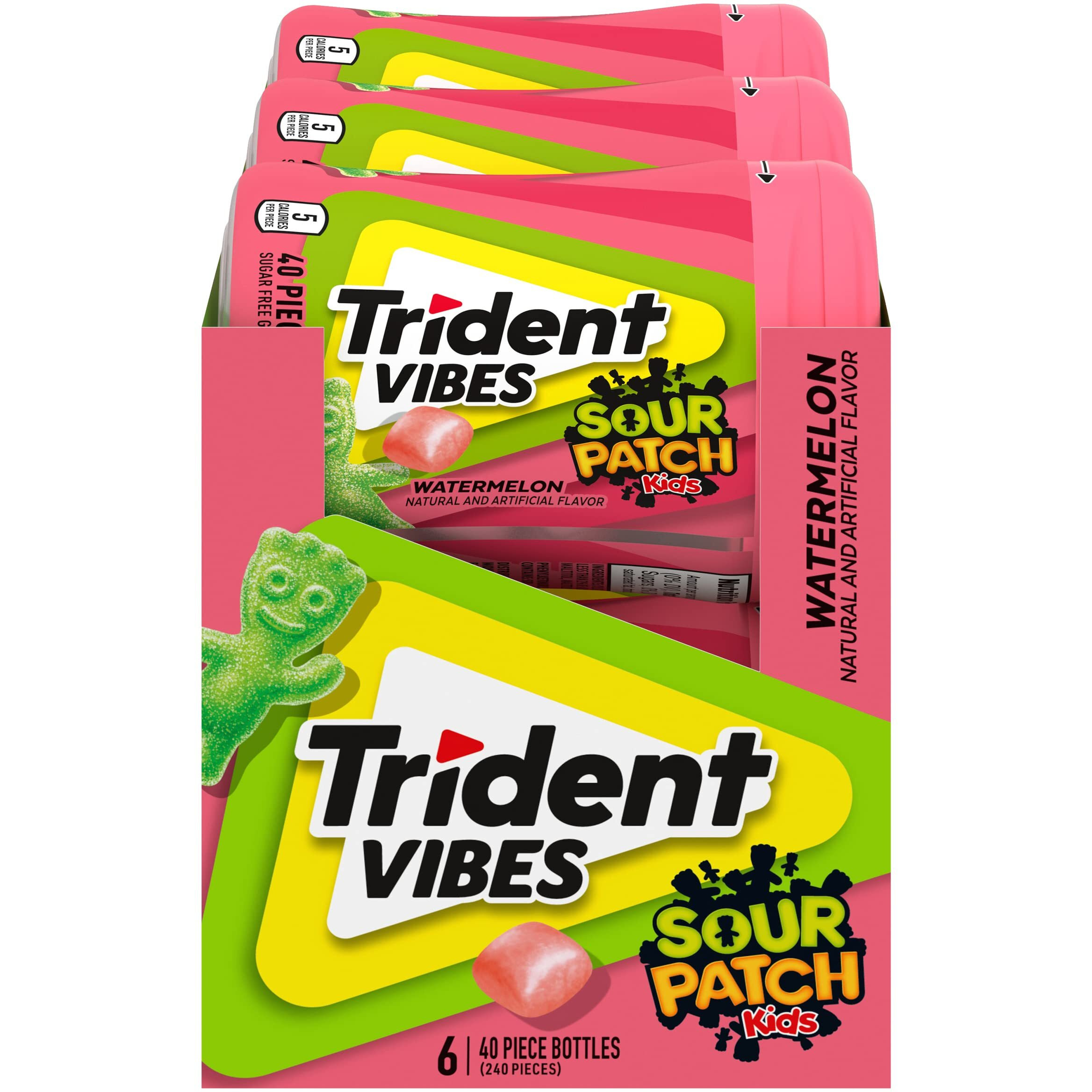 Trident Vibes Sour Patch Kids Watermelon Sugar Free Gum, 6 Bottles Of 40 Pieces (240 Total Pieces)