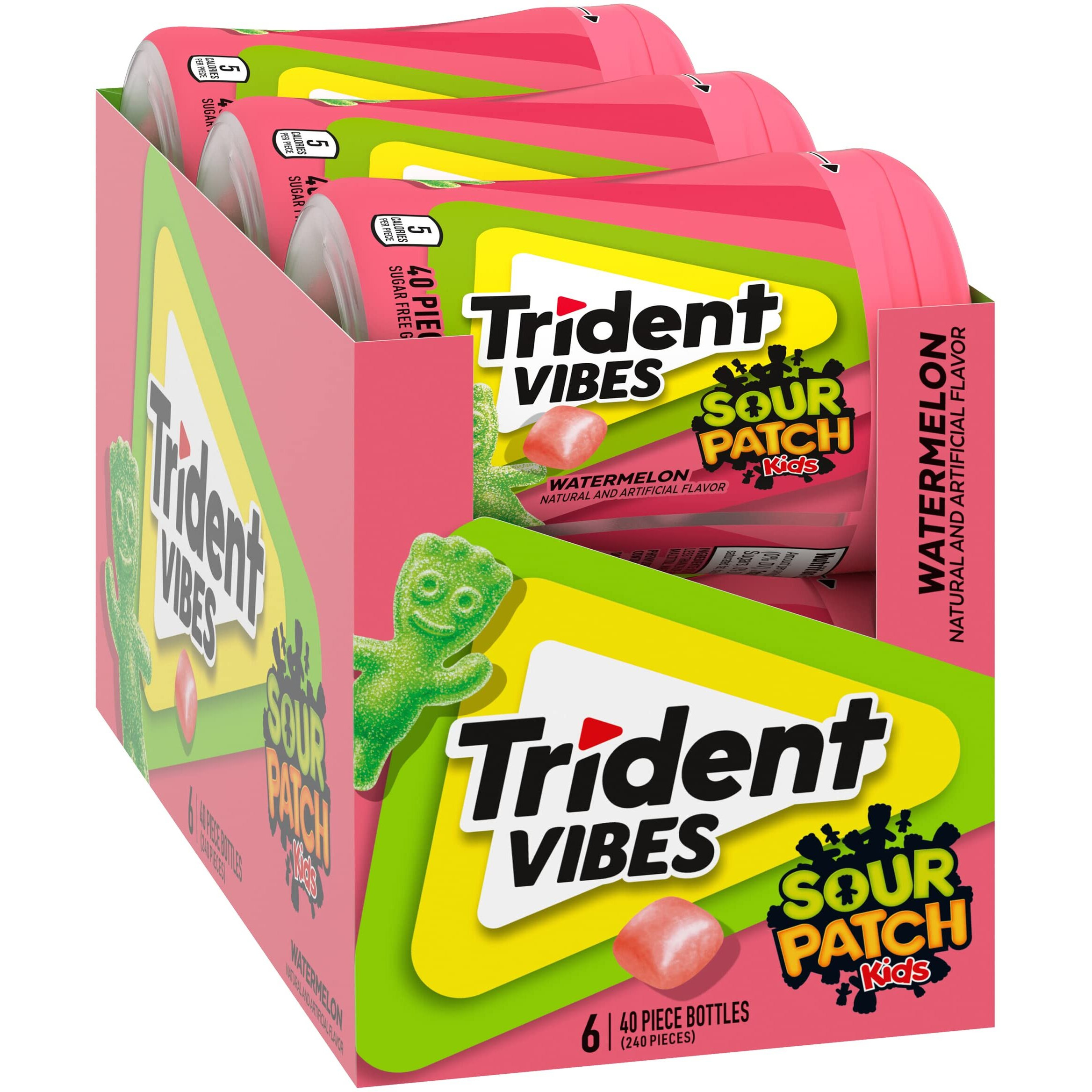 Trident Vibes Sour Patch Kids Watermelon Sugar Free Gum, 6 Bottles Of 40 Pieces (240 Total Pieces)