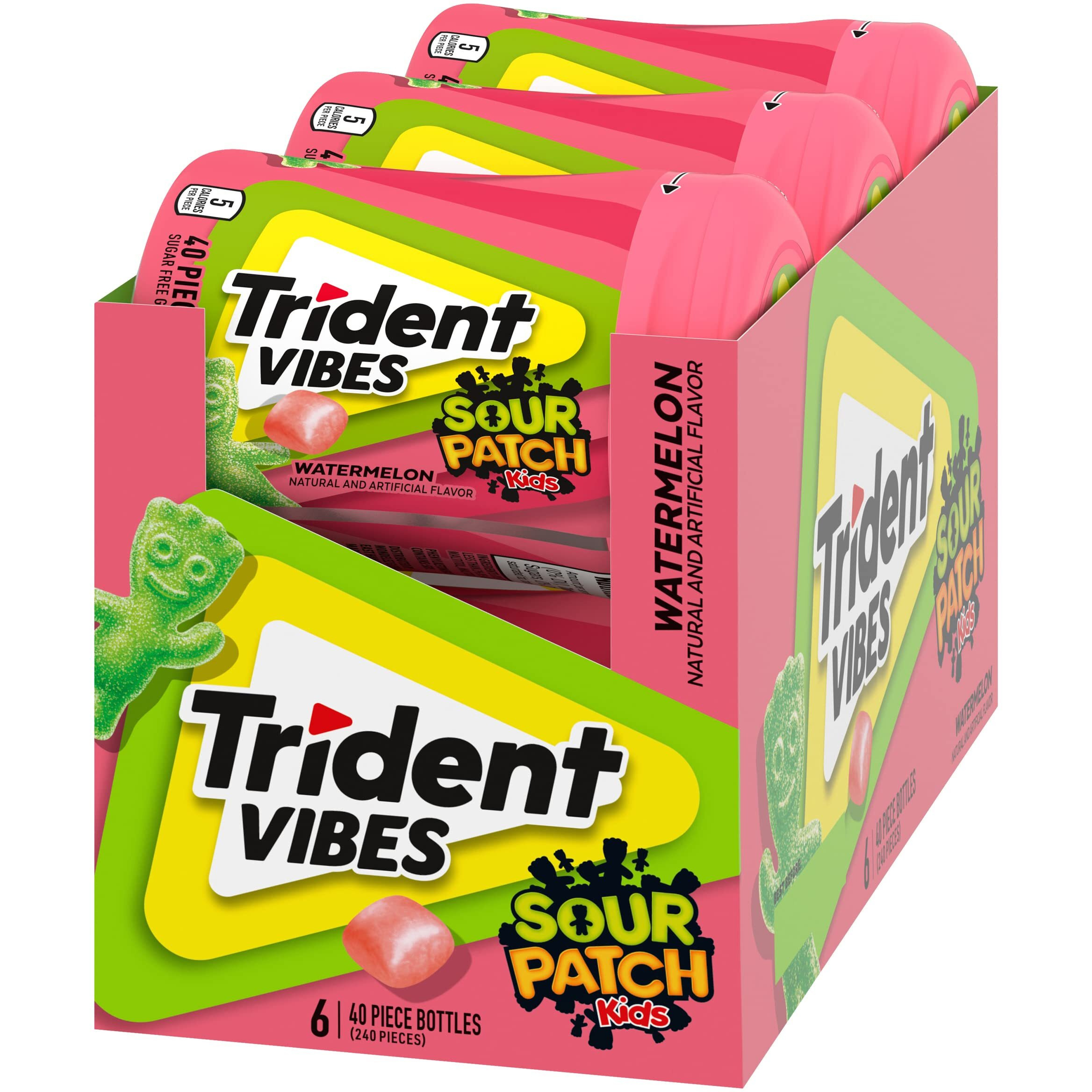 Trident Vibes Sour Patch Kids Watermelon Sugar Free Gum, 6 Bottles Of 40 Pieces (240 Total Pieces)