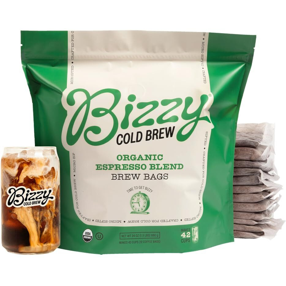 Bizzy Organic Cold Brew Coffee | Espresso Blend | Coarse Ground Coffee | Medium-Dark Roast | Micro Sifted | Specialty Grade | 100% Arabica | Brew Bags | 12 Count | Makes 42 Cups