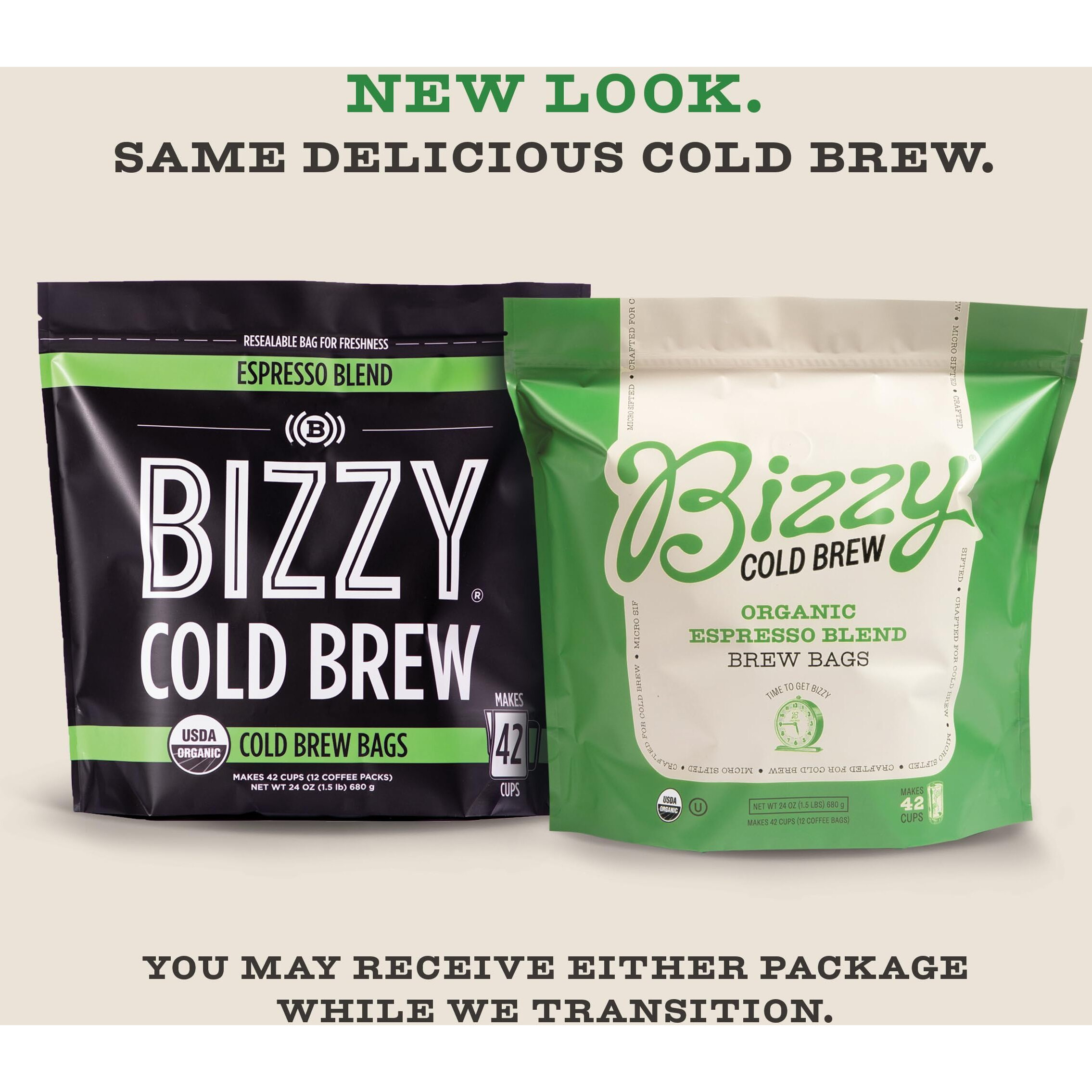 Bizzy Organic Cold Brew Coffee | Espresso Blend | Coarse Ground Coffee | Medium-Dark Roast | Micro Sifted | Specialty Grade | 100% Arabica | Brew Bags | 12 Count | Makes 42 Cups